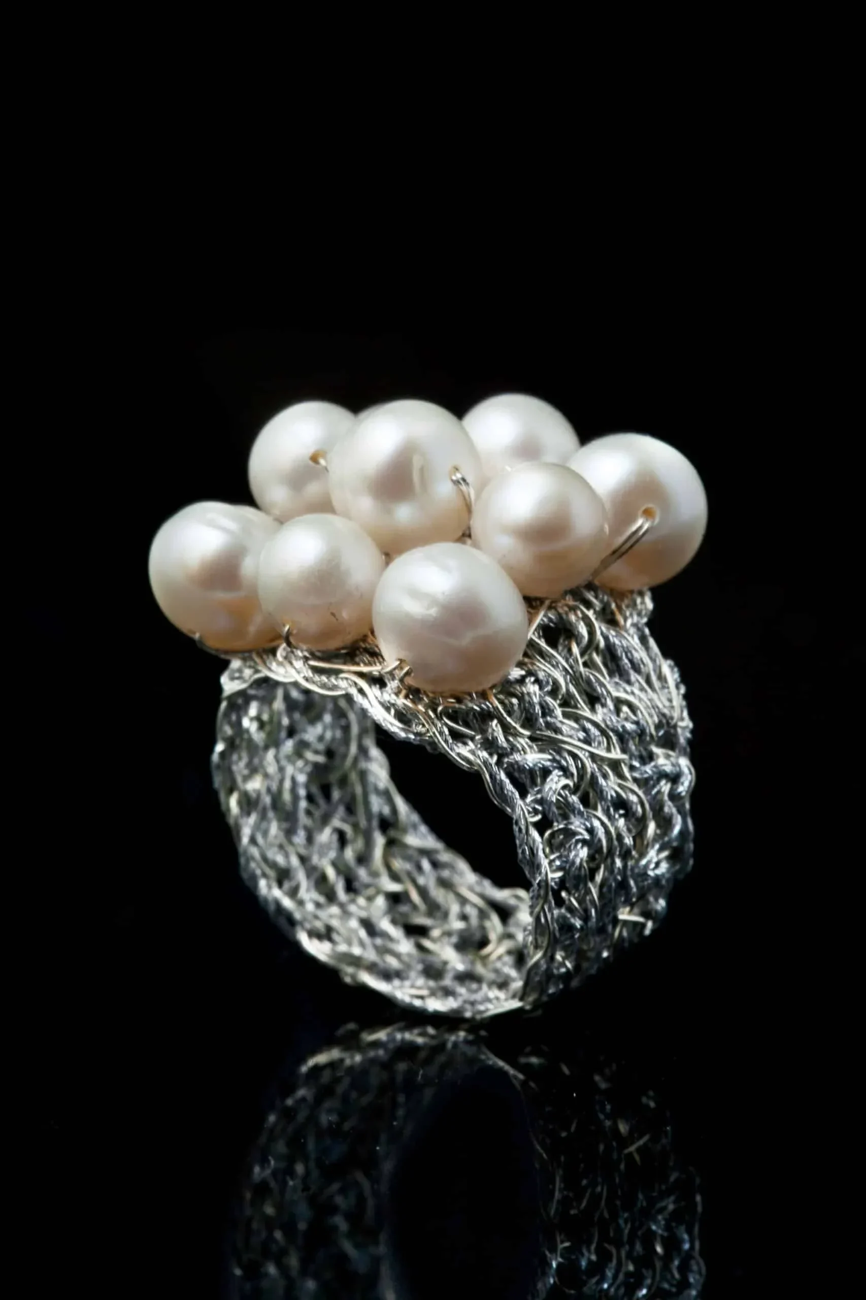 Handmade Jewellery | Crochet knit silver ring with pearls gallery 1