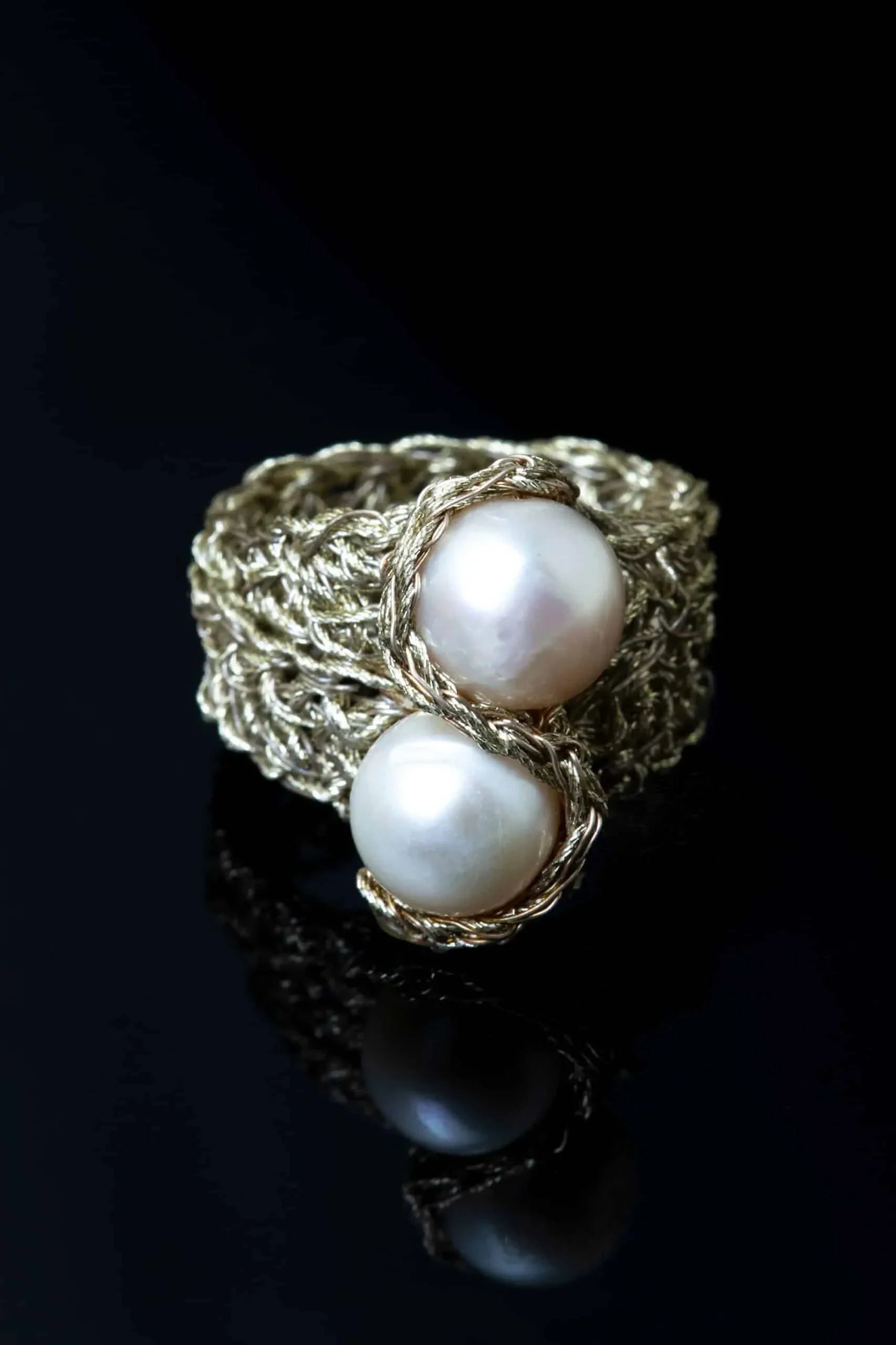 Handmade Jewellery | Crochet knit silver ring with pearls gallery 1