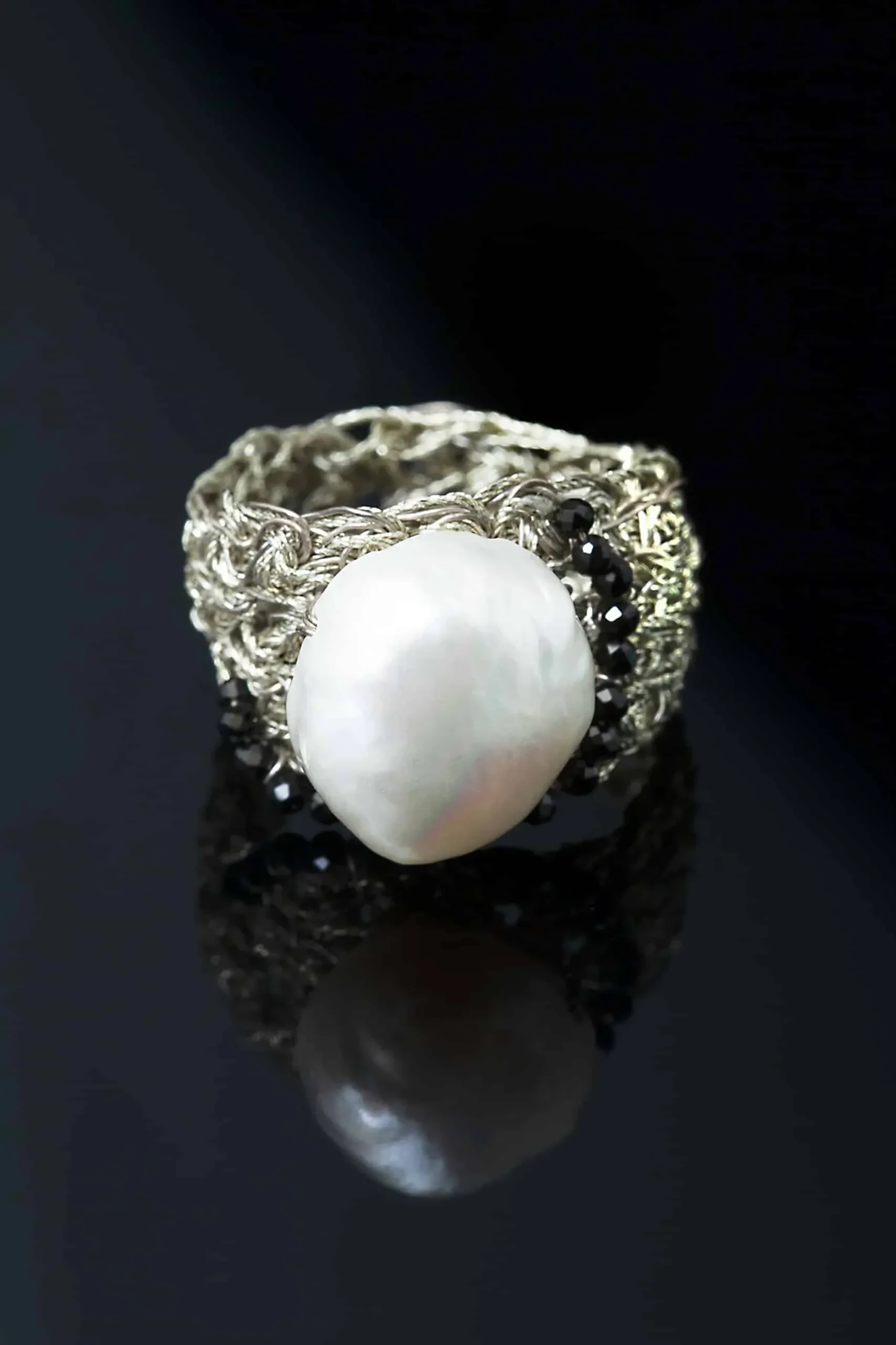 Handmade Jewellery | Crochet knit silver ring with spinel and pearls gallery 2