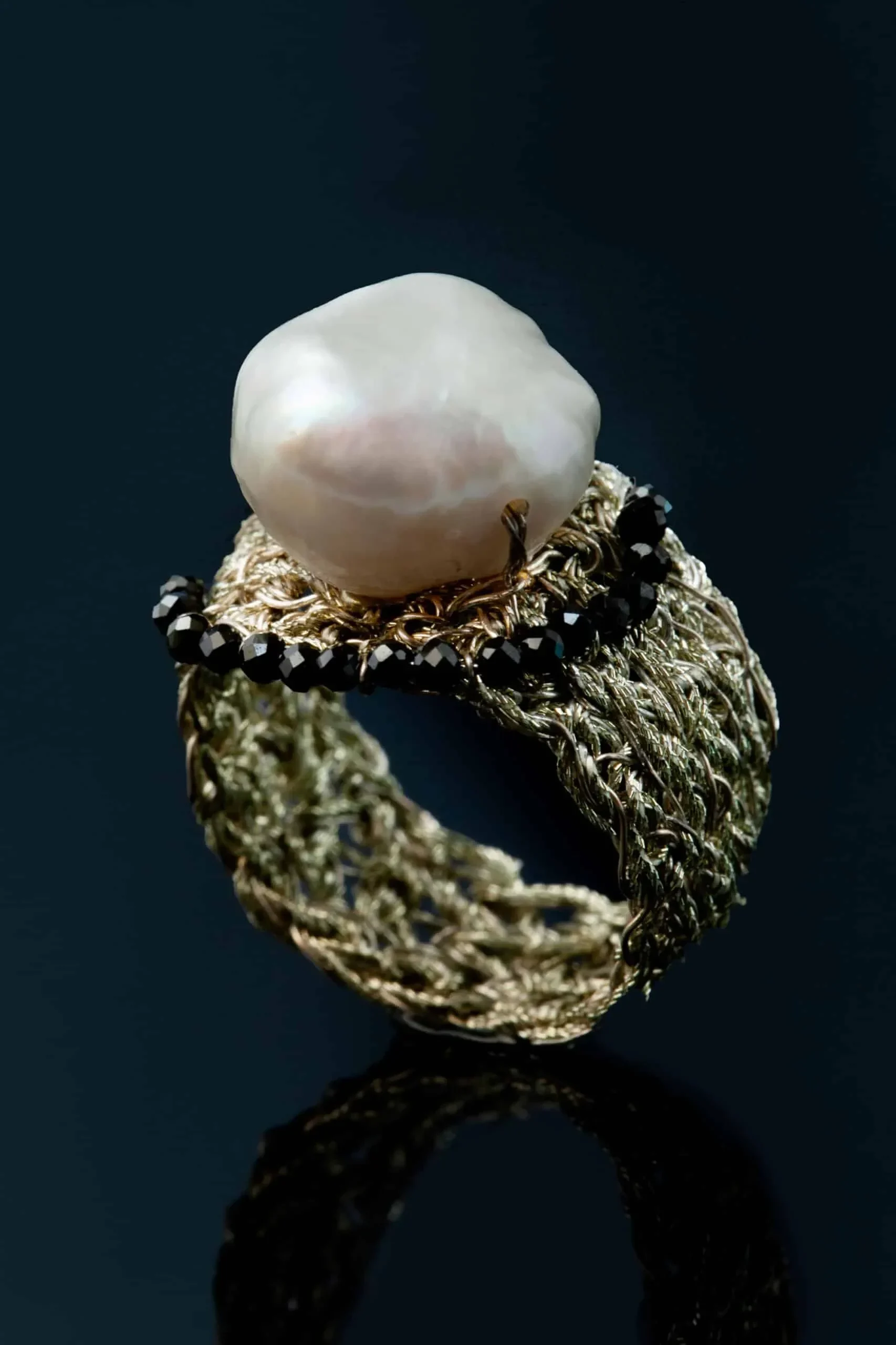 Handmade Jewellery | Crochet knit silver ring with spinel and pearls gallery 1