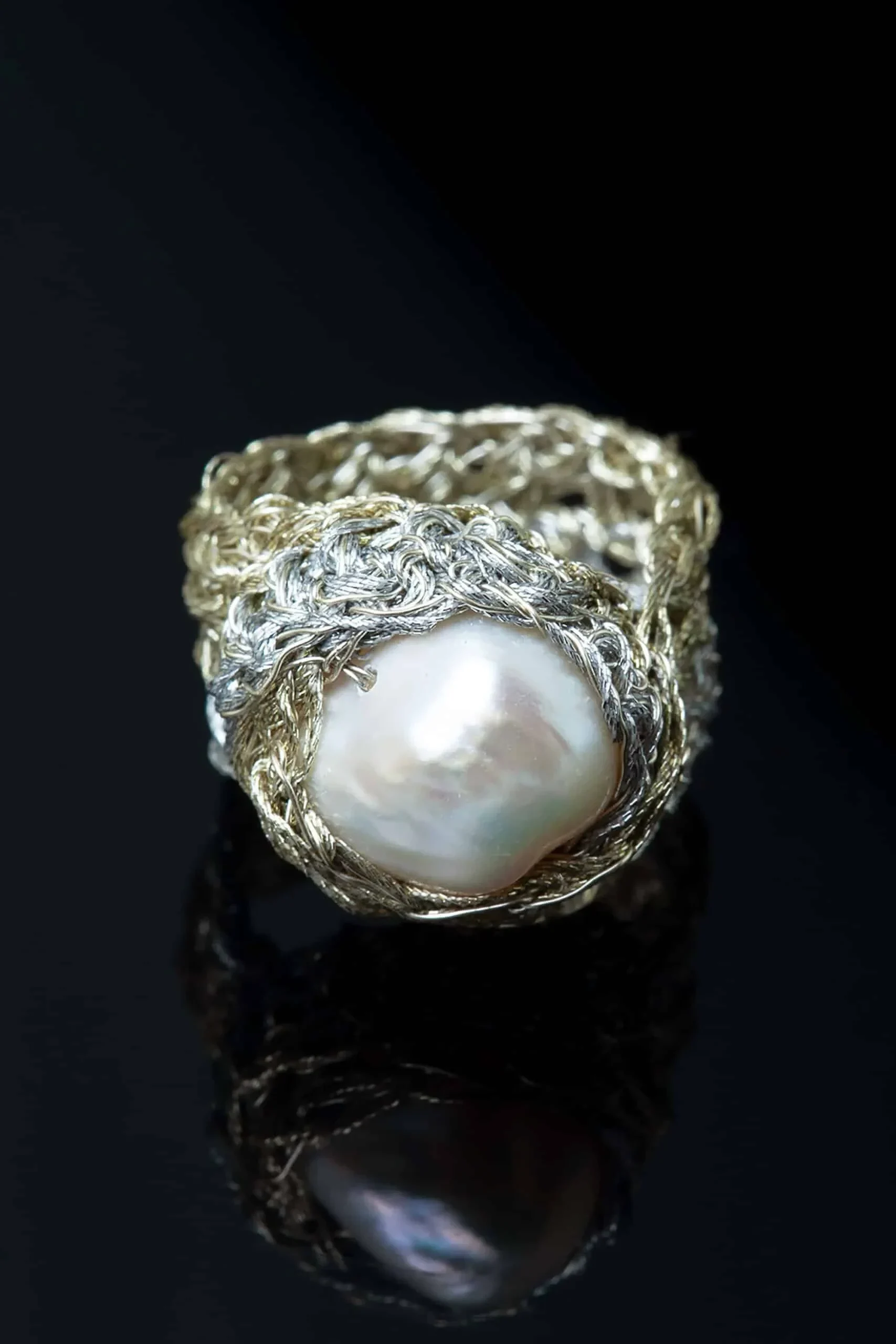 Handmade Jewellery | Crochet knit silver ring with pearl gallery 2