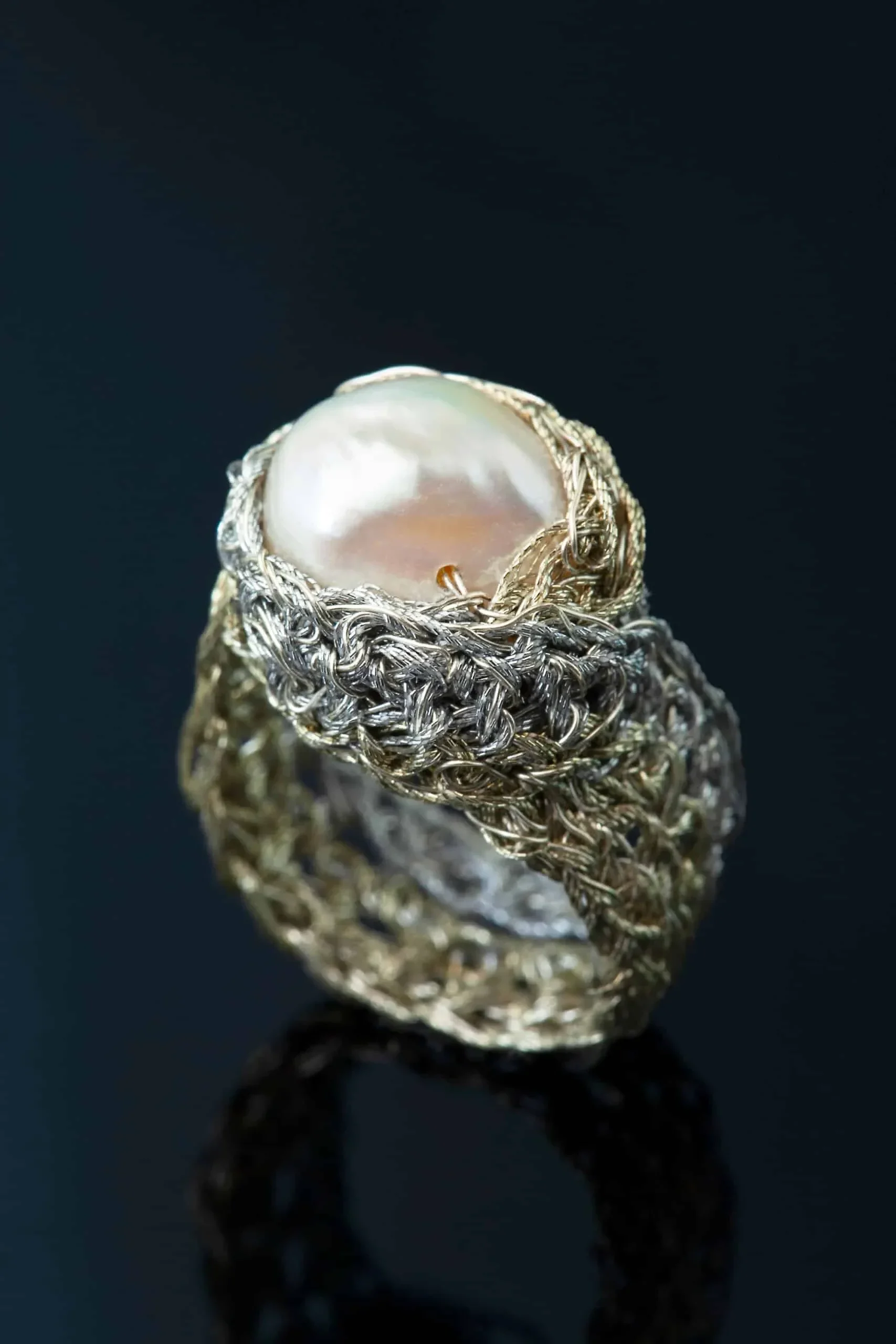 Handmade Jewellery | Crochet knit silver ring with pearl gallery 1