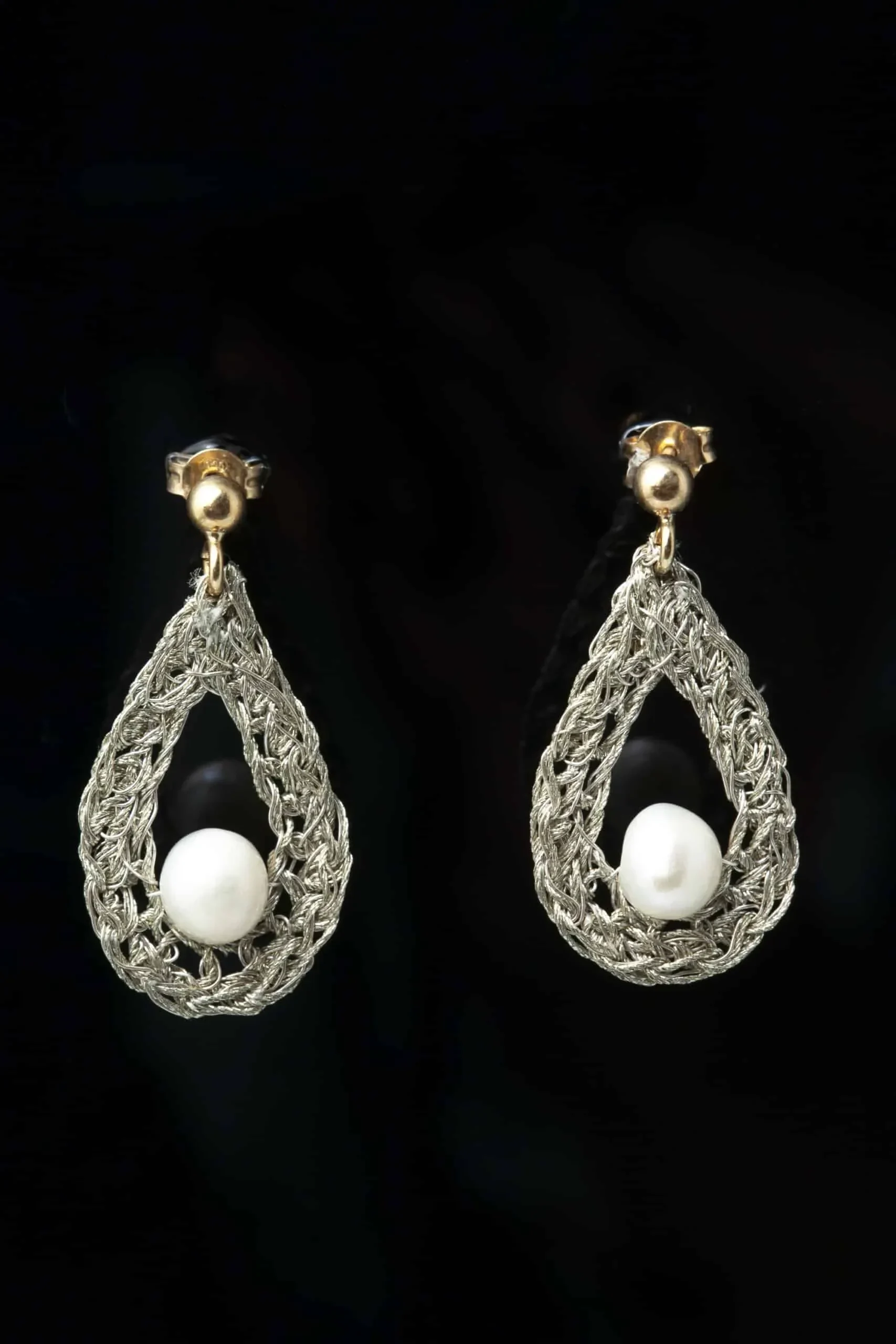 Handmade Jewellery | Teardrop crochet knit silver earrings with pearls gallery 1