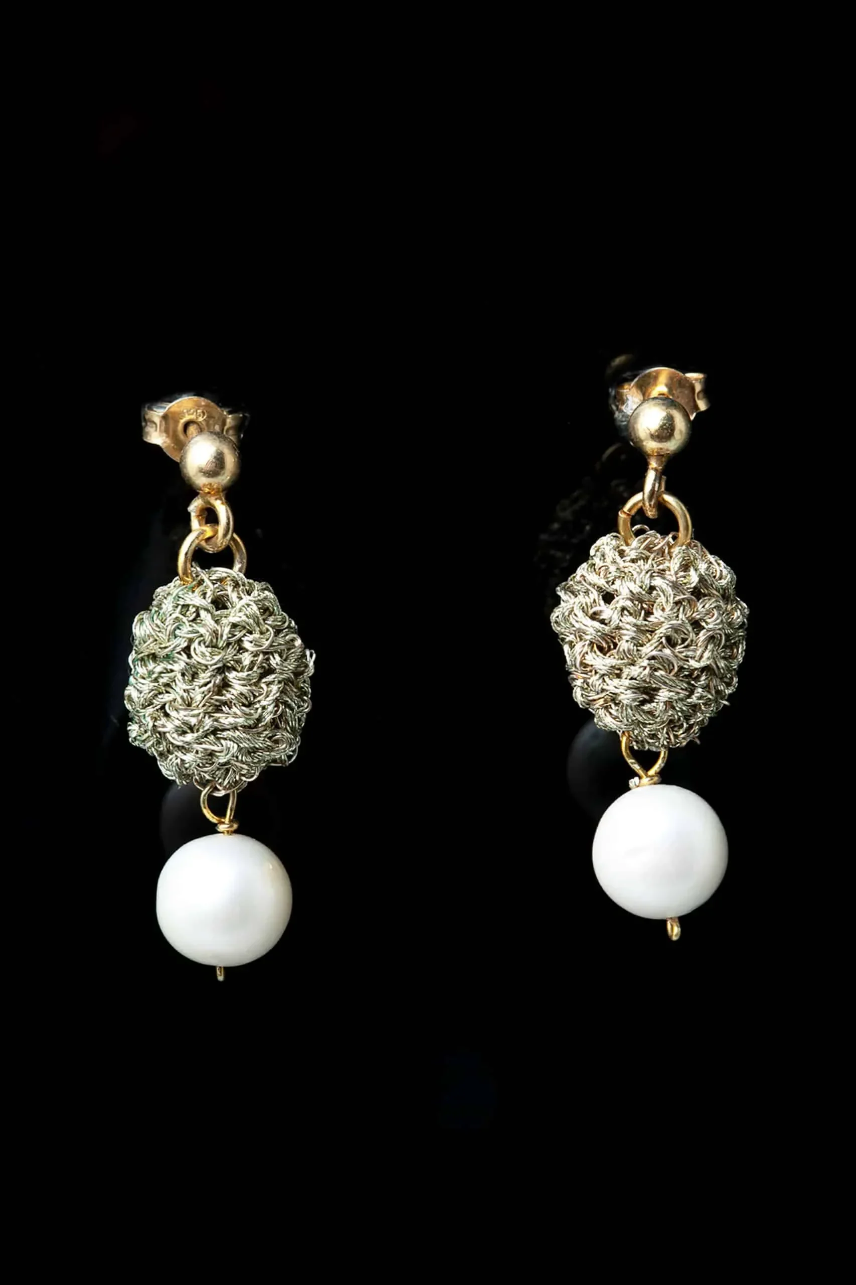 Handmade Jewellery | Crochet knit silver earrings with and pearls gallery 1