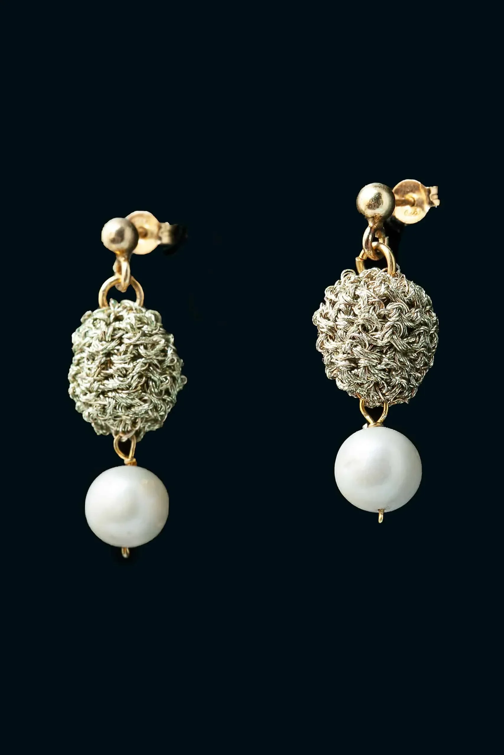 Handmade Jewellery | Crochet knit silver earrings with and pearls gallery 2