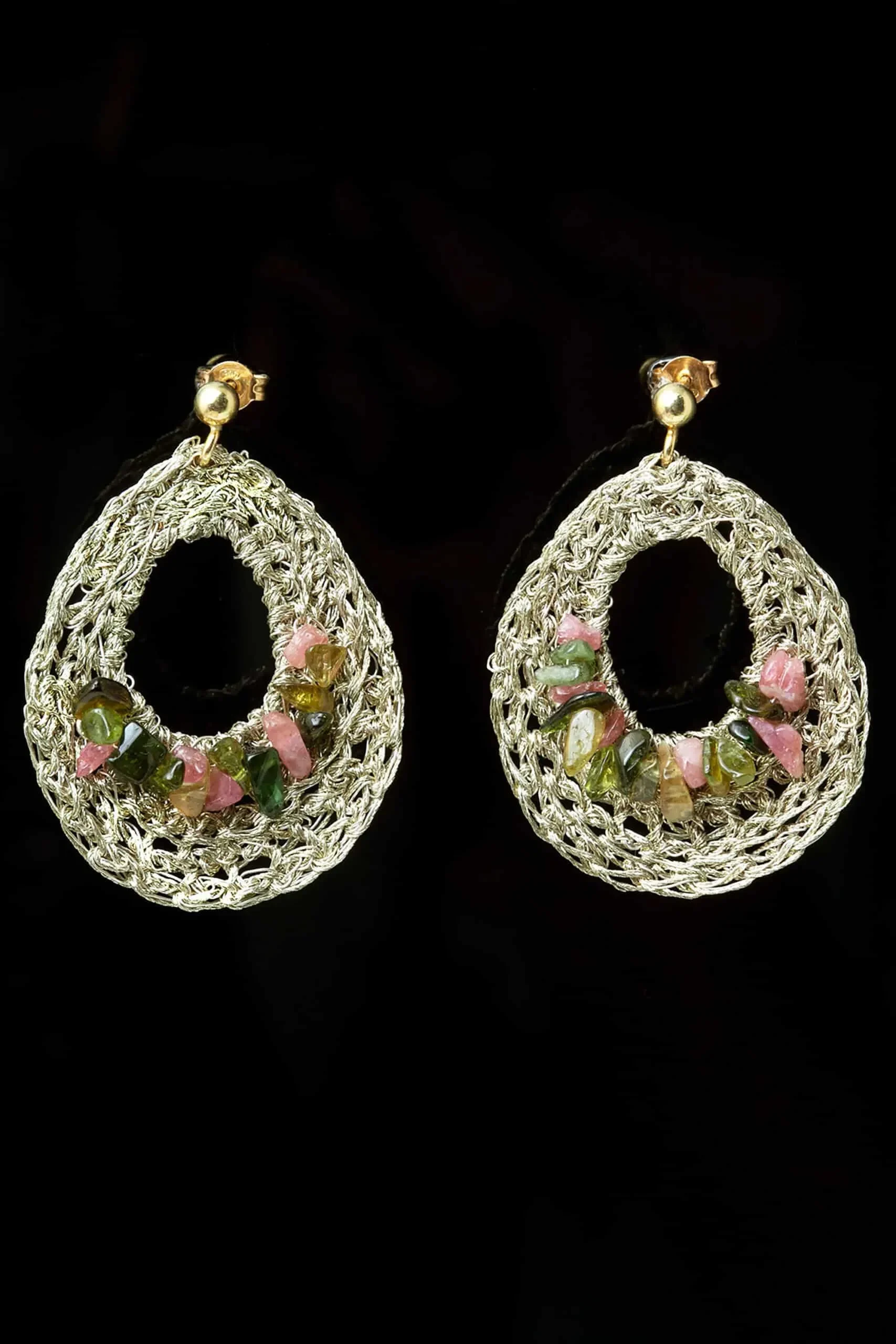 Handmade Jewellery | Teardrop crochet knit silver earrings with tourmaline gallery 1