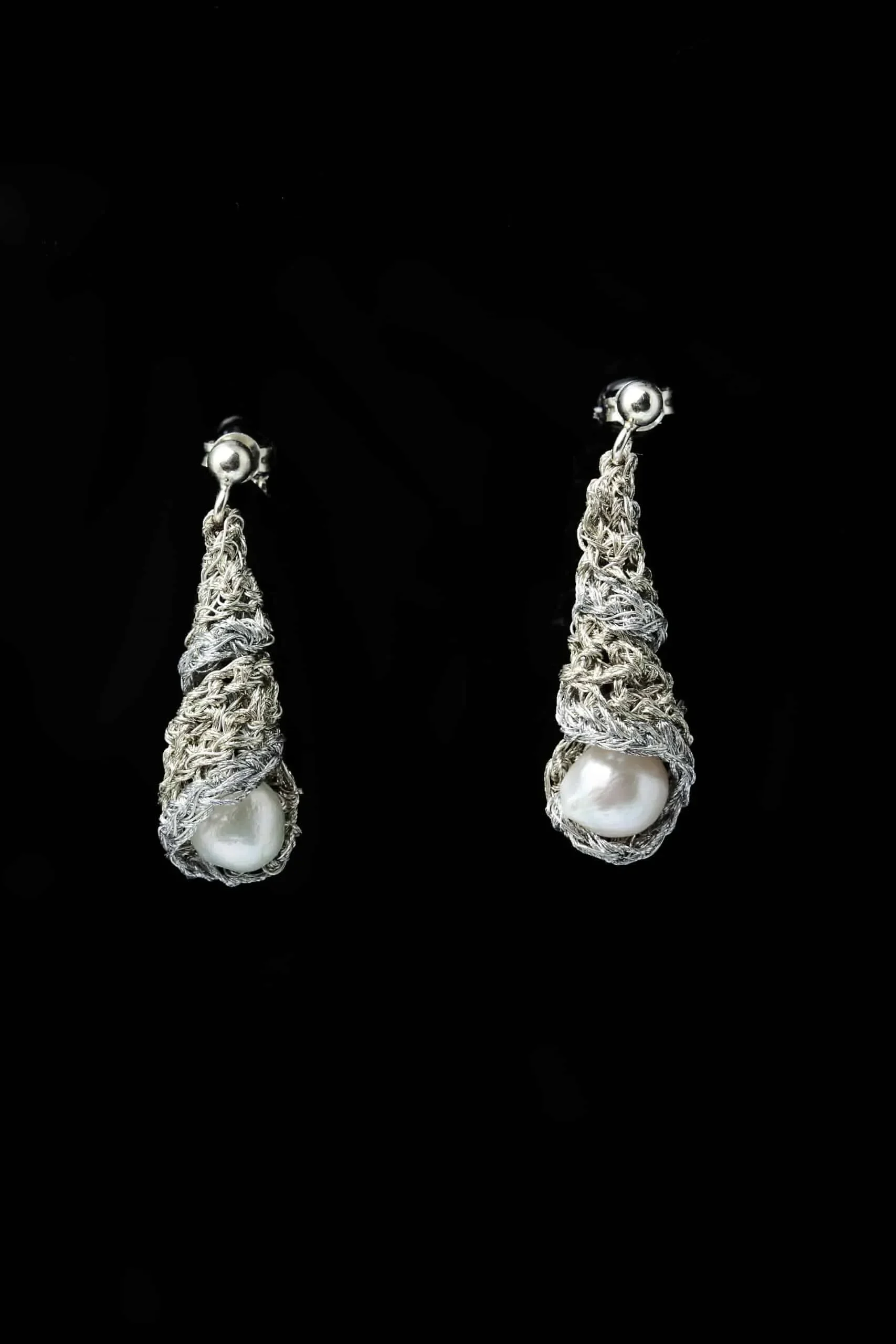 Handmade Jewellery | Cone crochet knit silver earrings with golden thread and pearls gallery 1