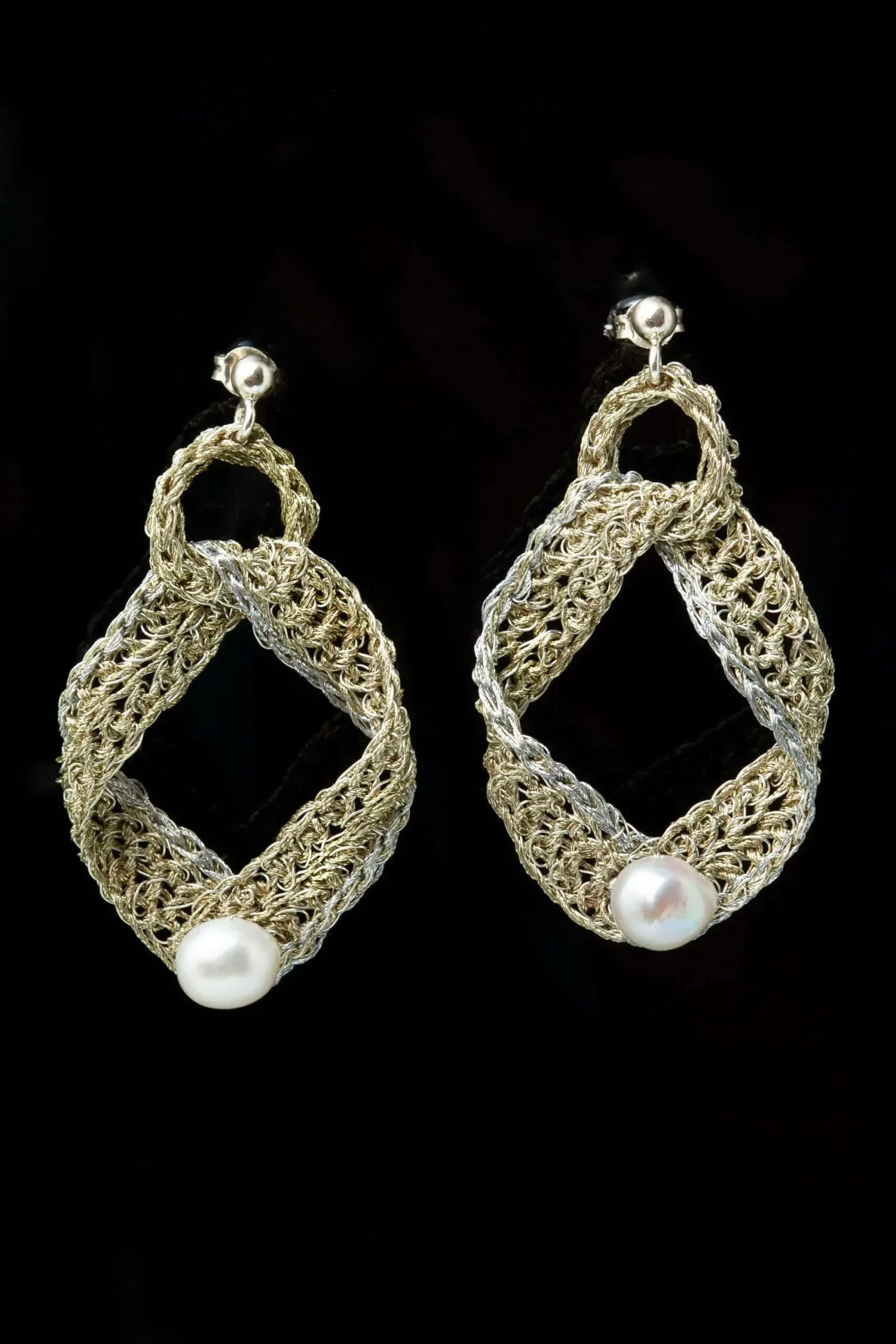 Handmade Jewellery | Crochet knit silver earrings with and pearls gallery 1