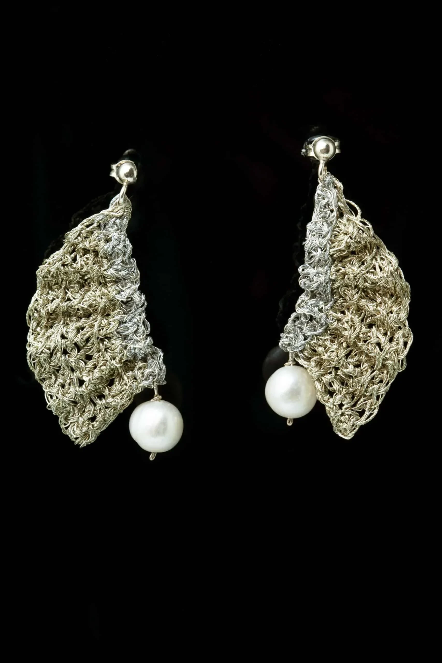 Handmade Jewellery | Fans crochet knit silver earrings with pearls gallery 1