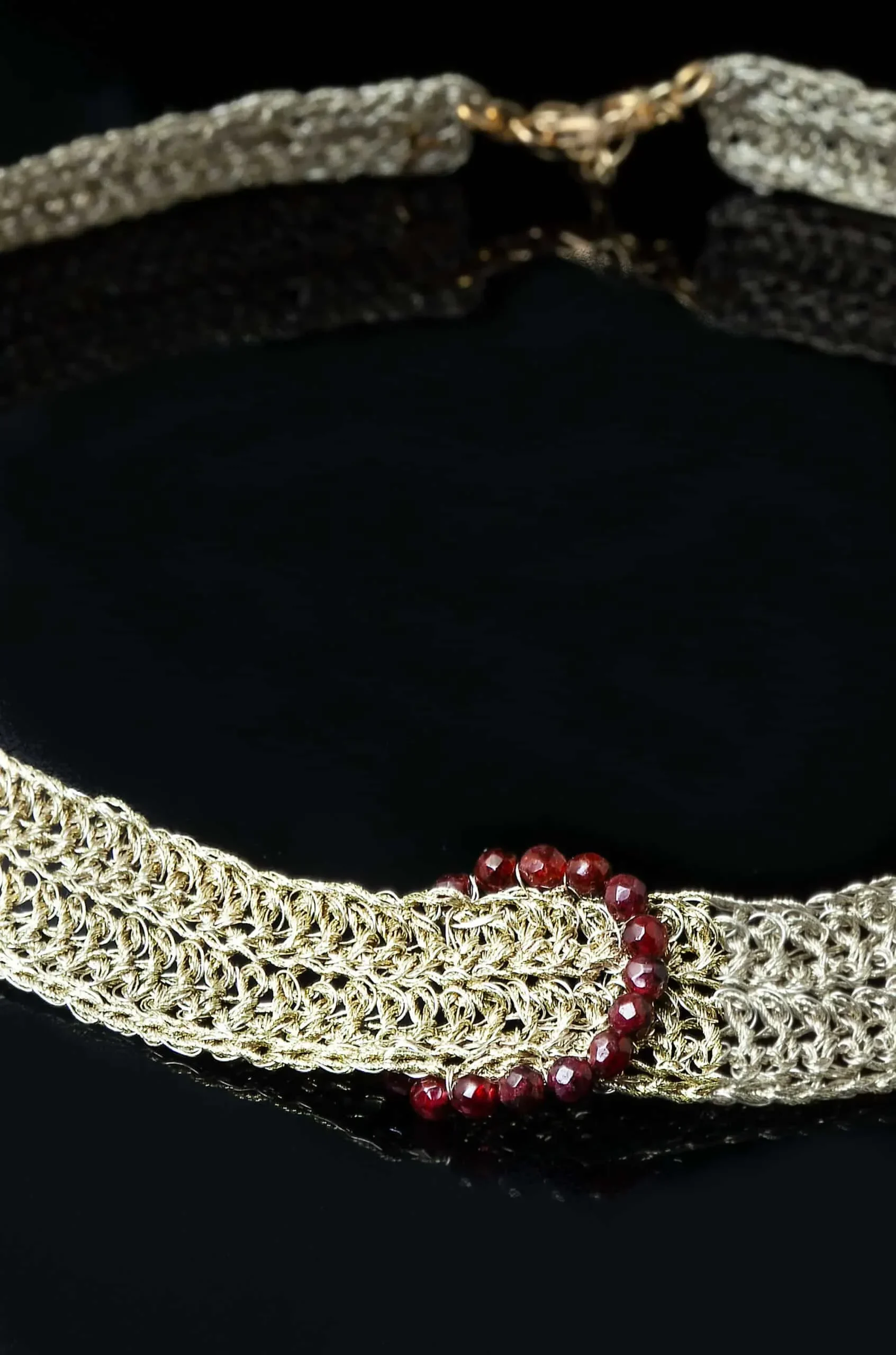 Handmade Jewellery | Crochet knit silver necklace with and garnet gallery 2