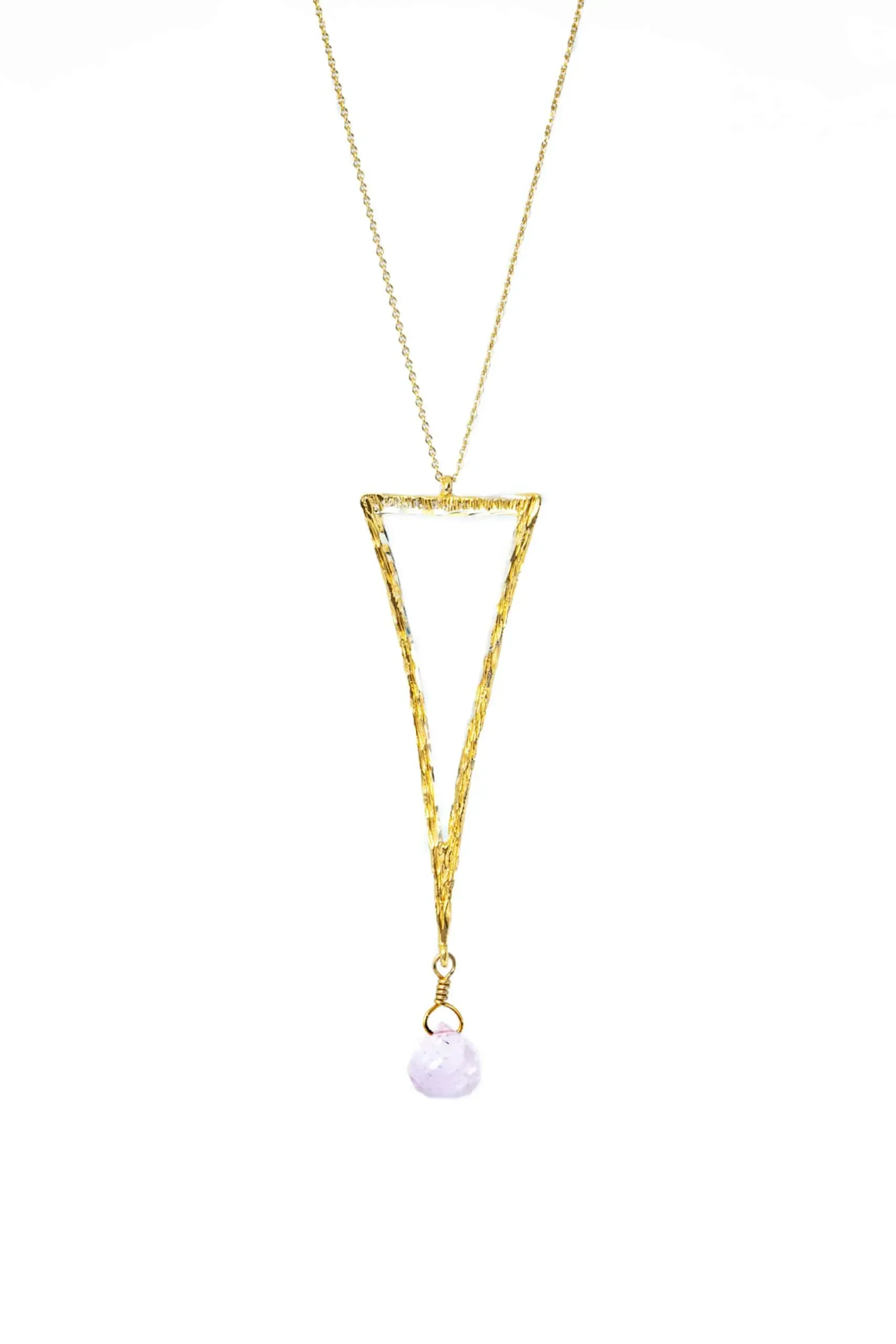 Handmade Jewellery | Triangle gold plated silver pendant with rose quartz main