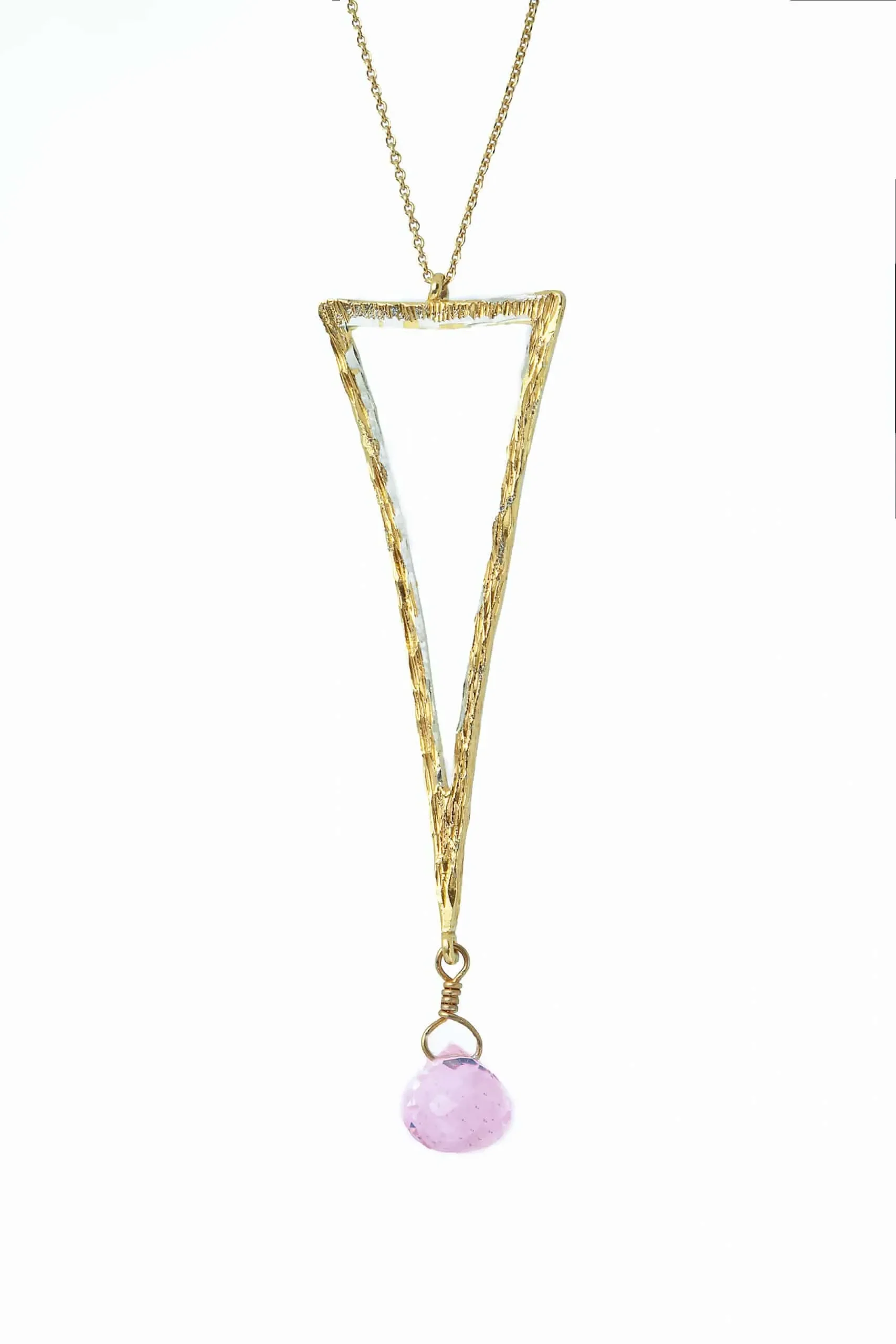 Handmade Jewellery | Triangle gold plated silver pendant with rose quartz gallery 1