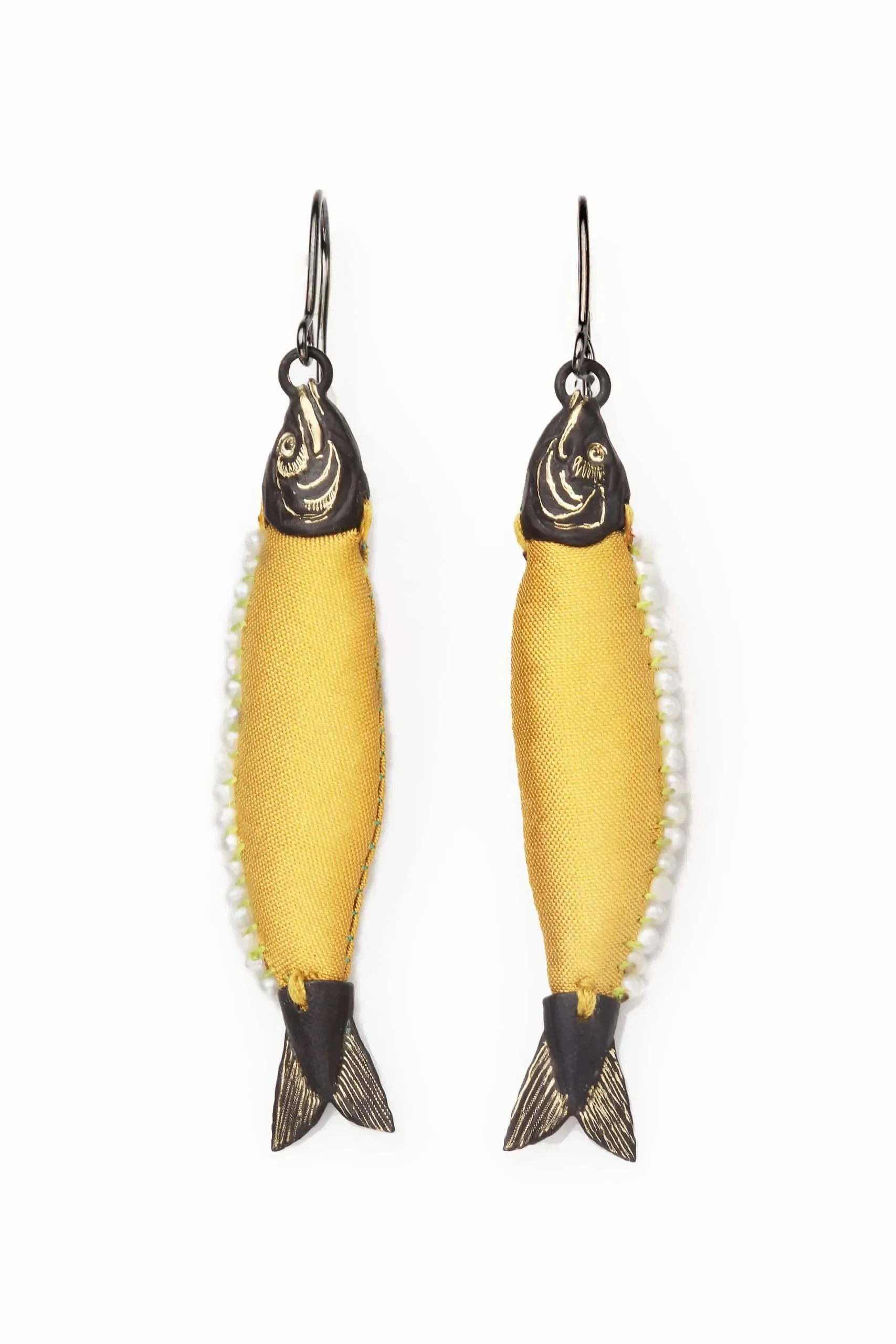 Fish bronze earrings with silk and pearls