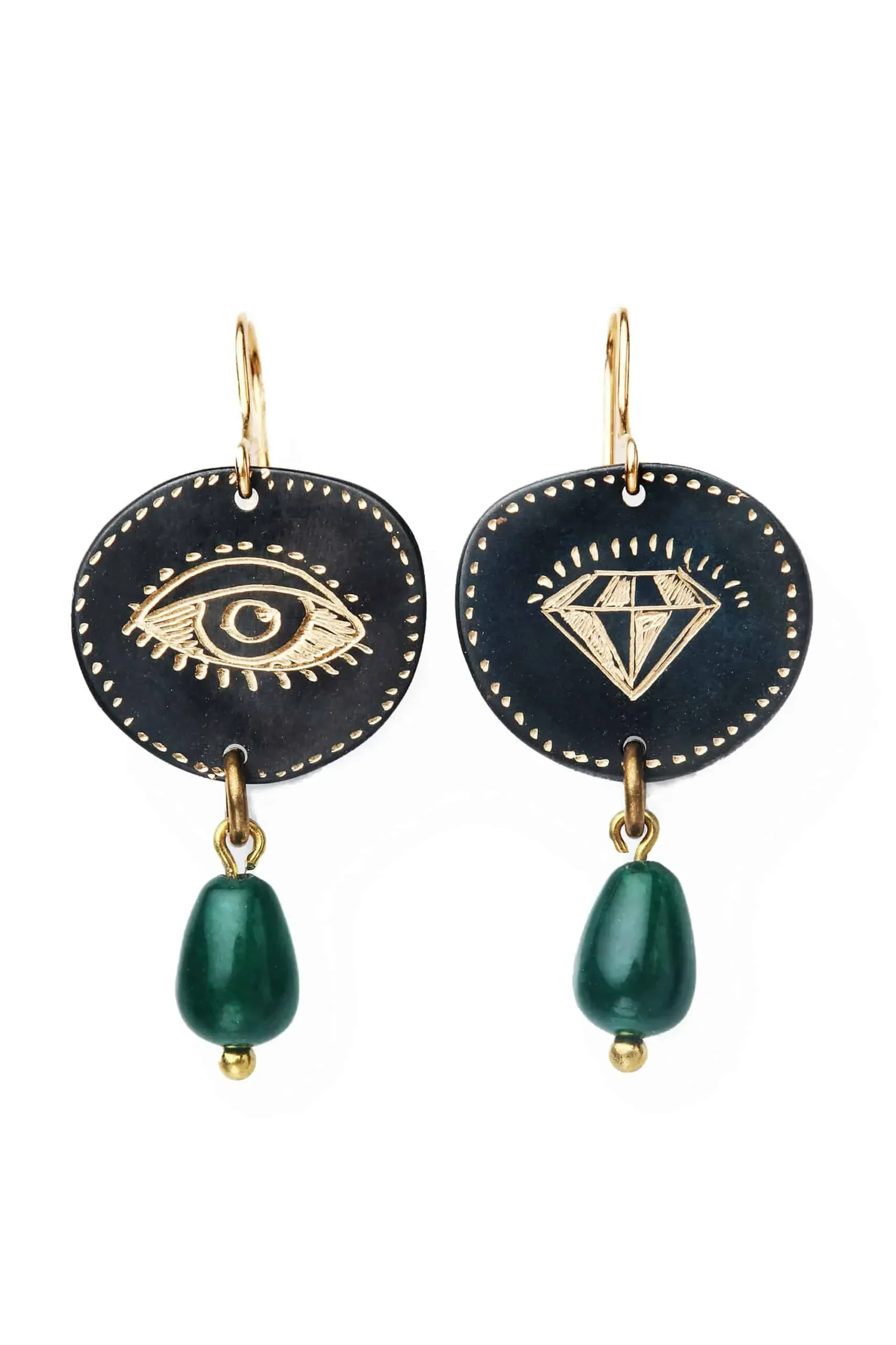 Handmade Jewellery | Engraved bronze earrings with green quartz main