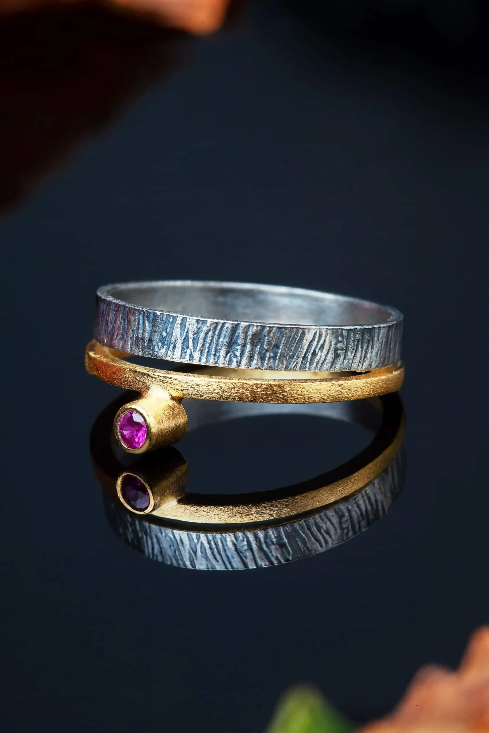 Handmade Jewellery | Silver textured ring with pink zircon gallery 2