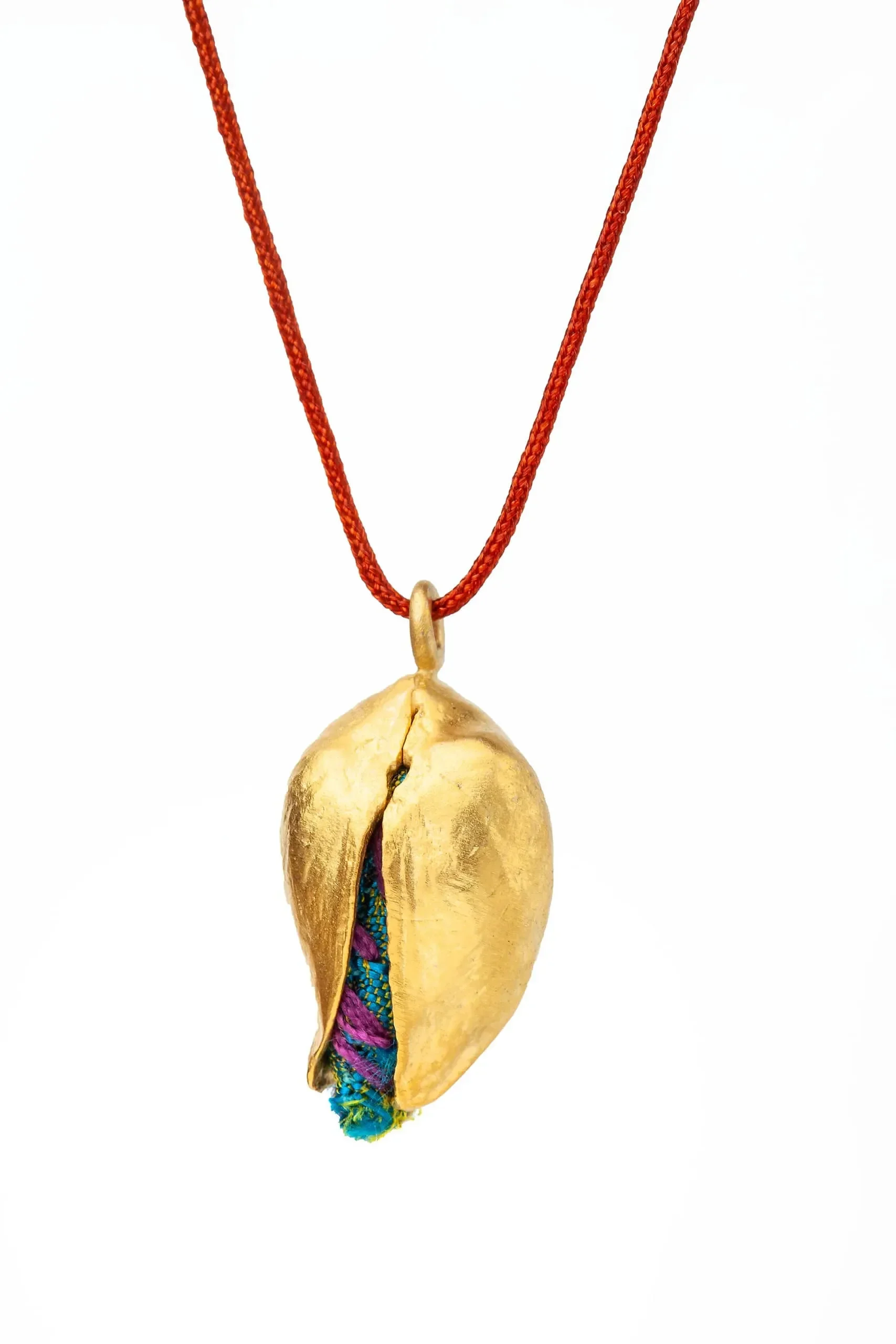 Handmade Jewellery | Pistachio gold plated bronze pendant with fabrics main