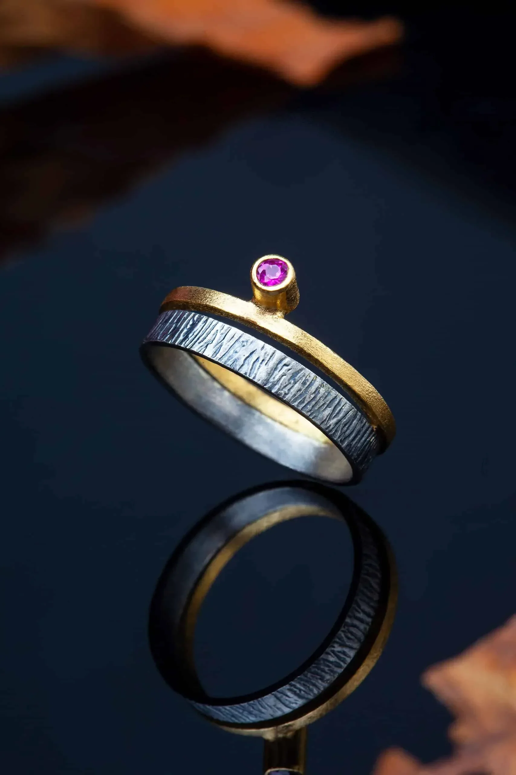 Handmade Jewellery | Silver textured ring with pink zircon gallery 4