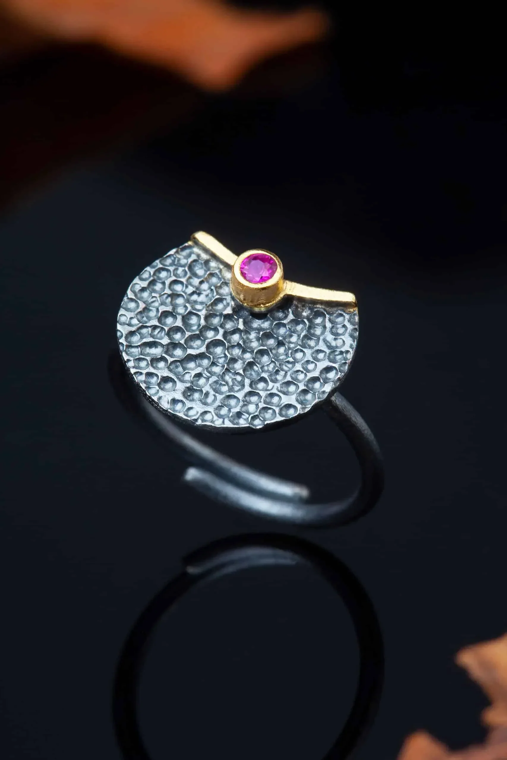 Handmade Jewellery | Silver textured black ring with pink zircon gallery 1