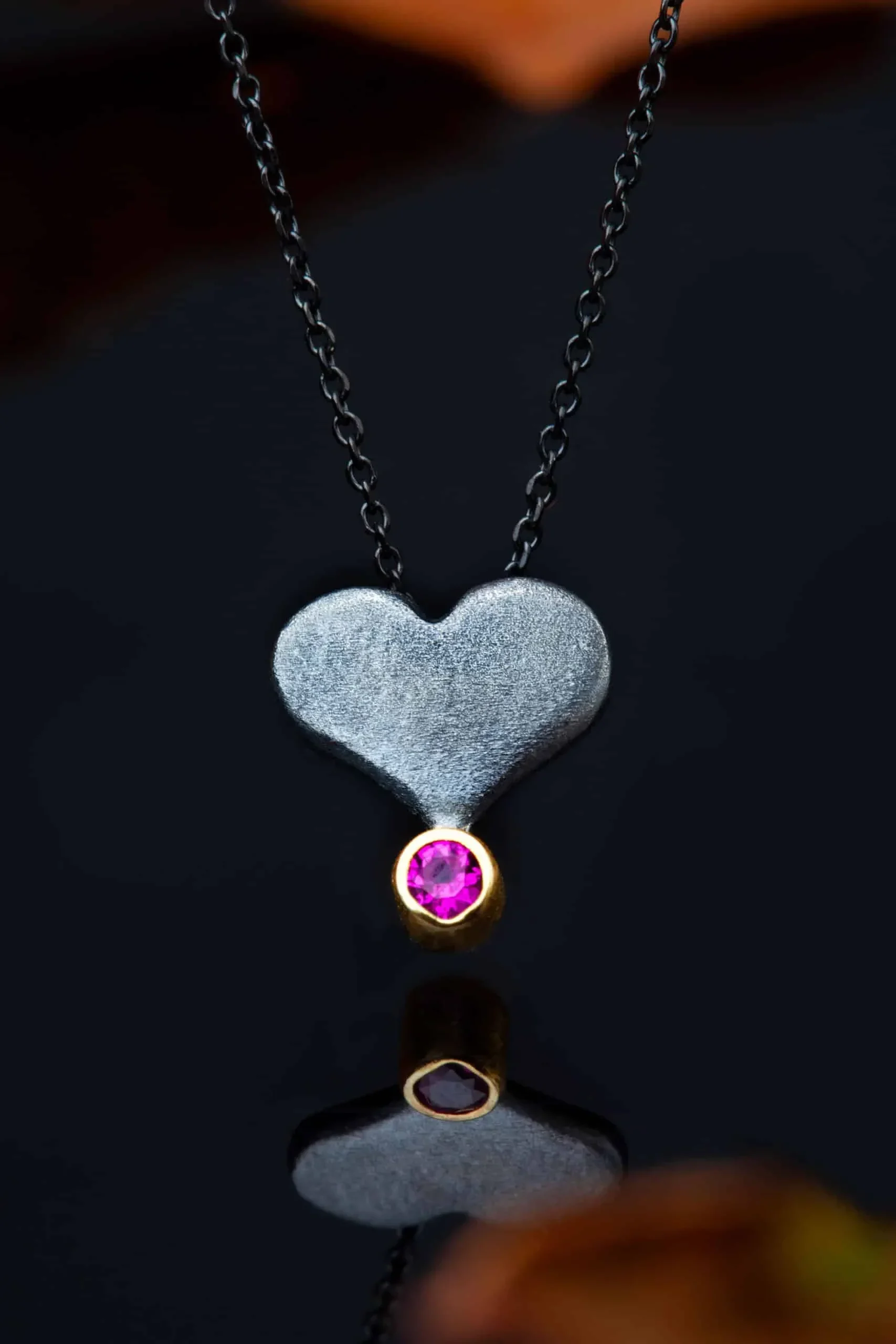 Handmade Jewellery | Heart silver black necklace with pink zircon gallery 1