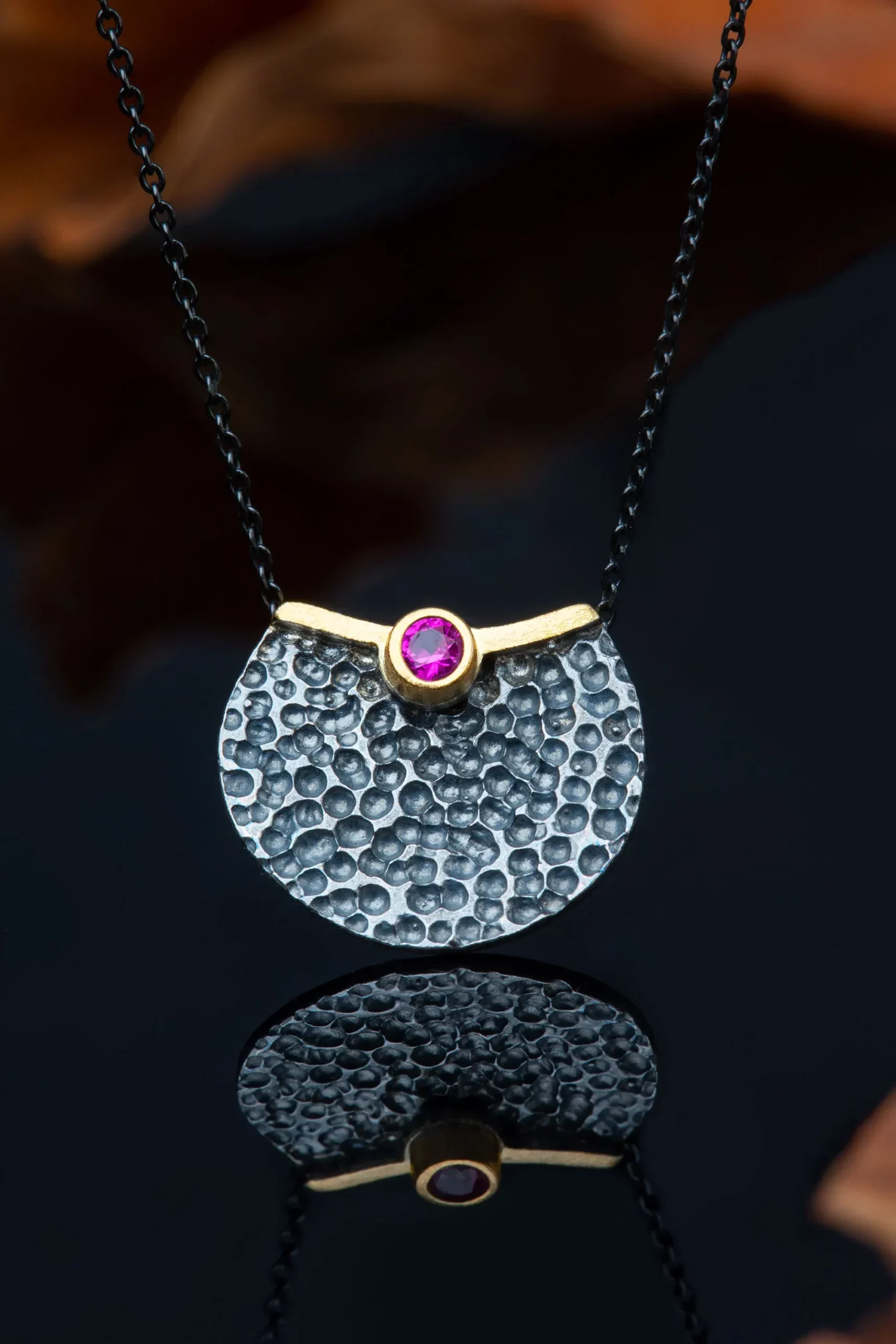 Handmade Jewellery | Round silver black necklace with pink zircon gallery 2