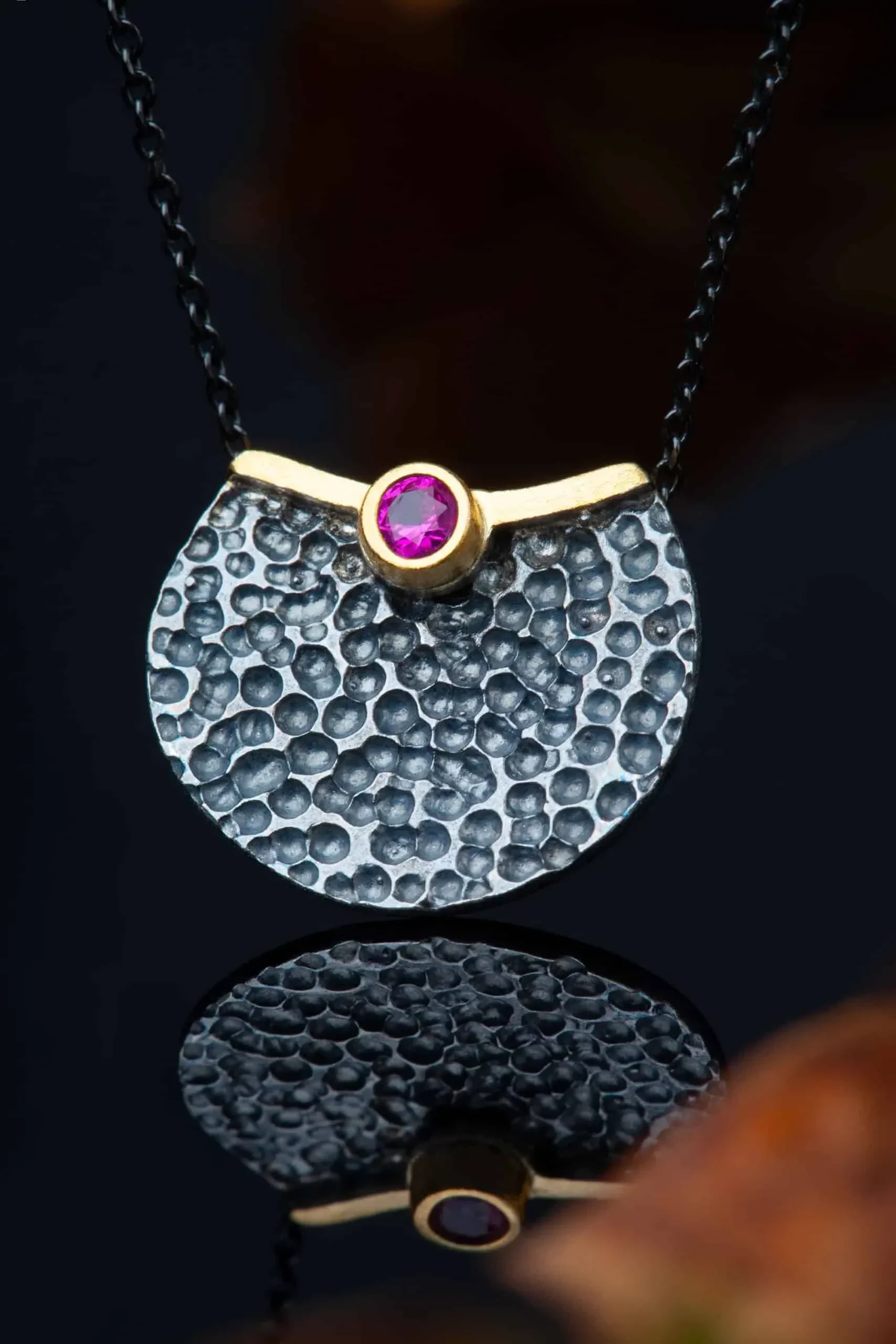 Handmade Jewellery | Round silver black necklace with pink zircon gallery 1