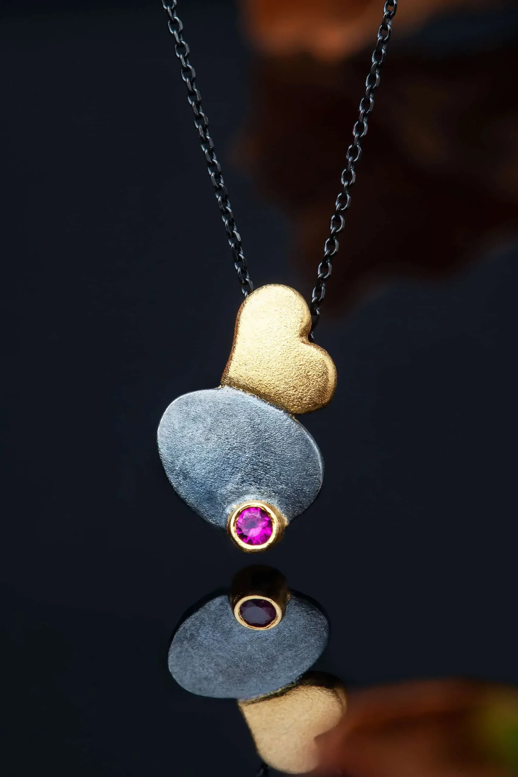 Handmade Jewellery | Heart black silver necklace with pink zircon gallery 1