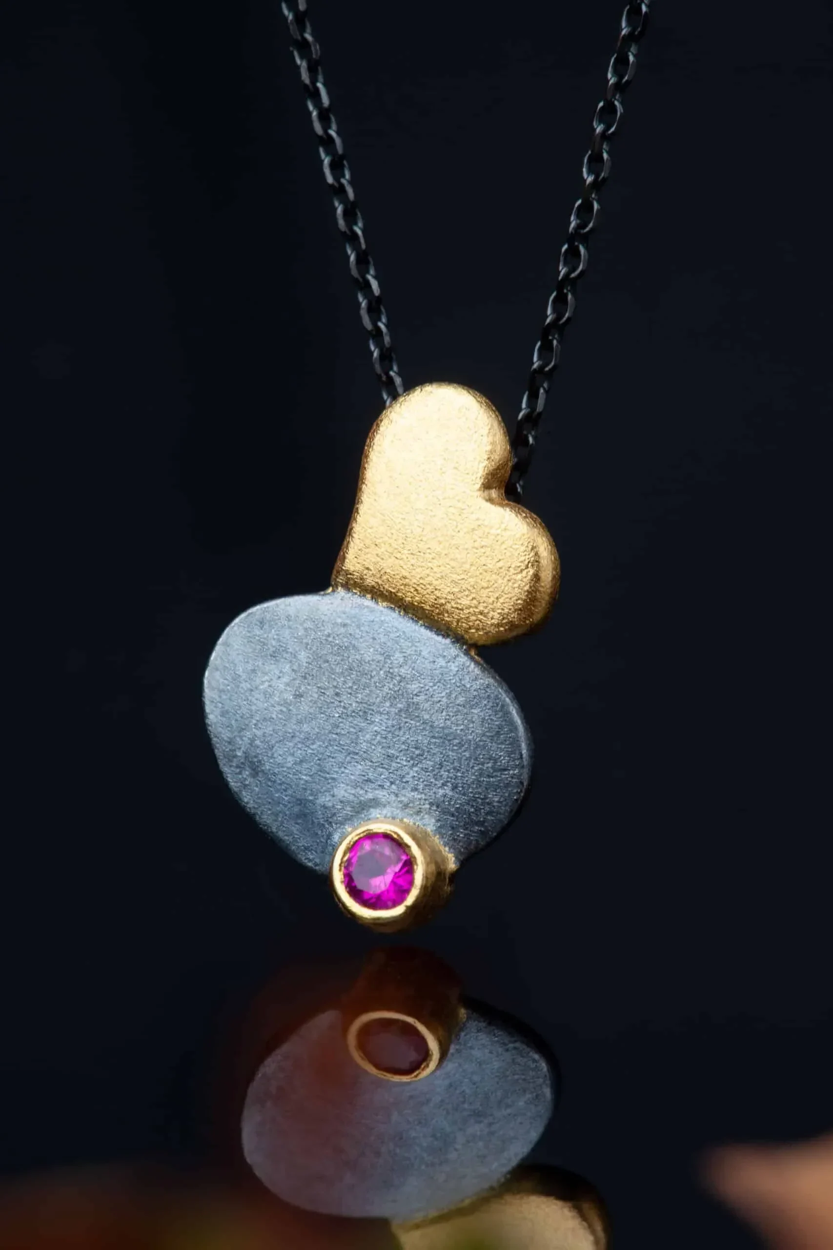 Handmade Jewellery | Heart black silver necklace with pink zircon gallery 2