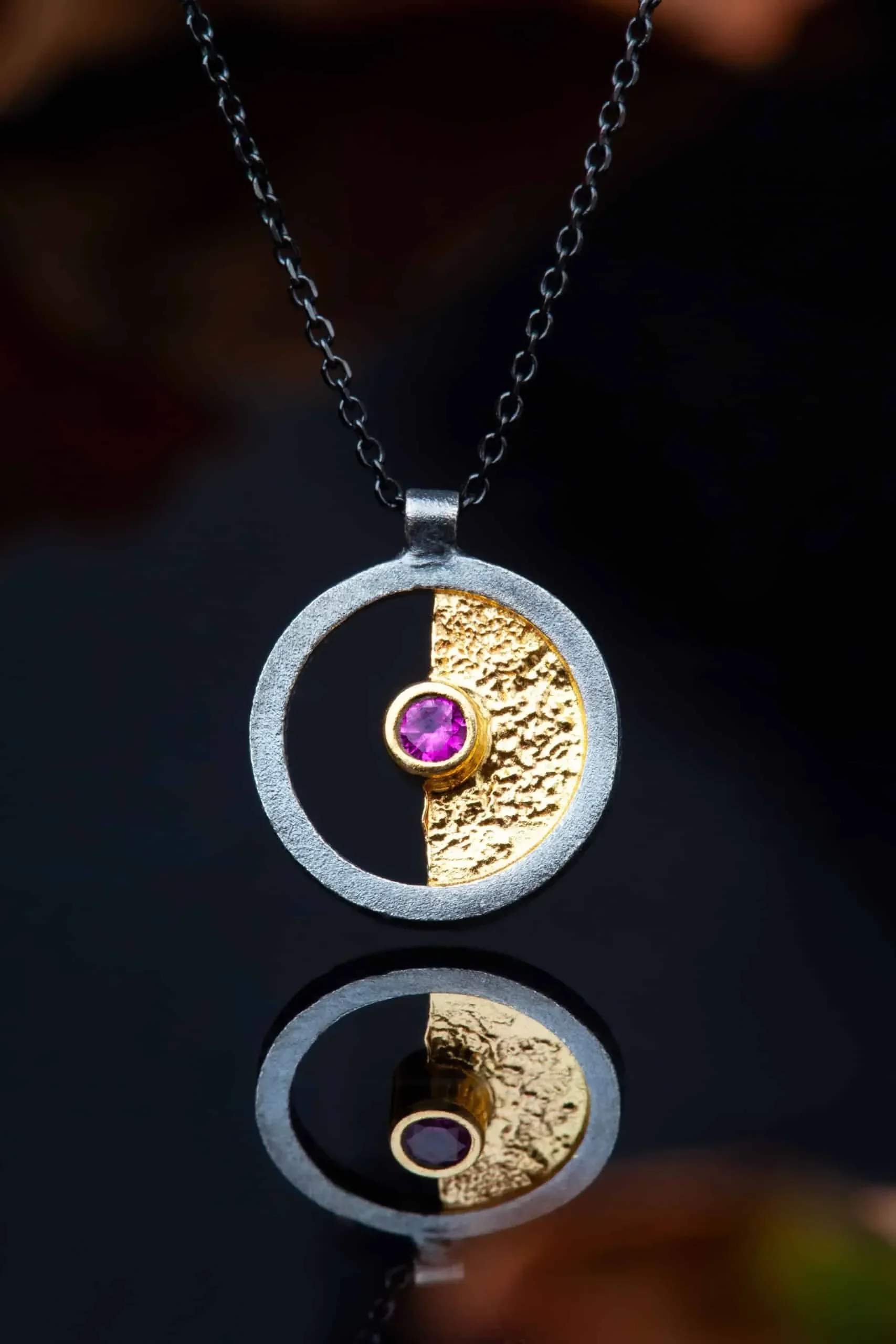 Handmade Jewellery | Round silver black necklace with pink zircon gallery 1