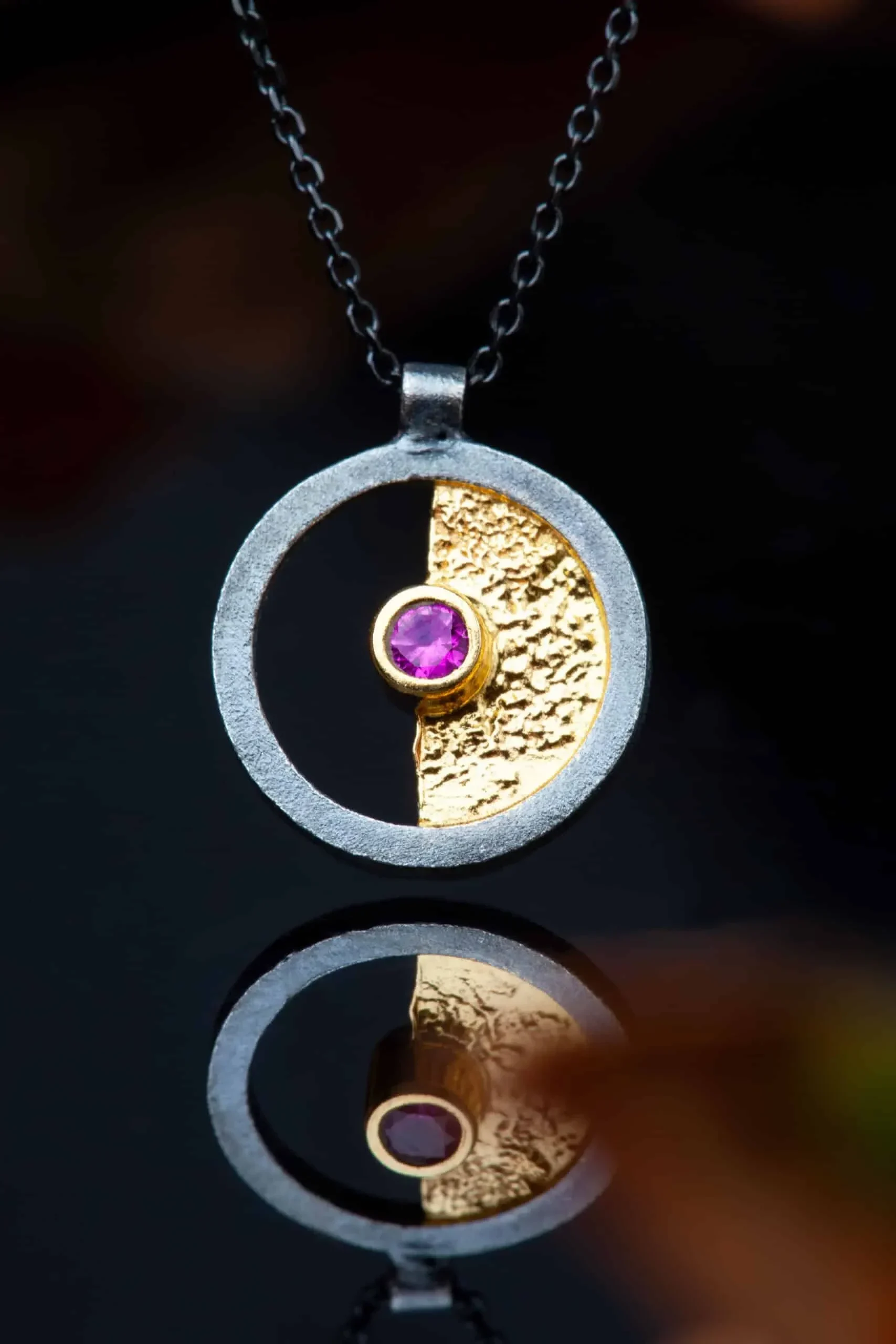 Handmade Jewellery | Round silver black necklace with pink zircon gallery 2