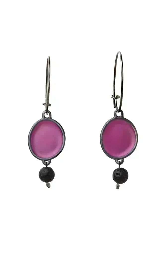 Handmade Jewellery | Black rhodium plated silver hoops with purple enamel main