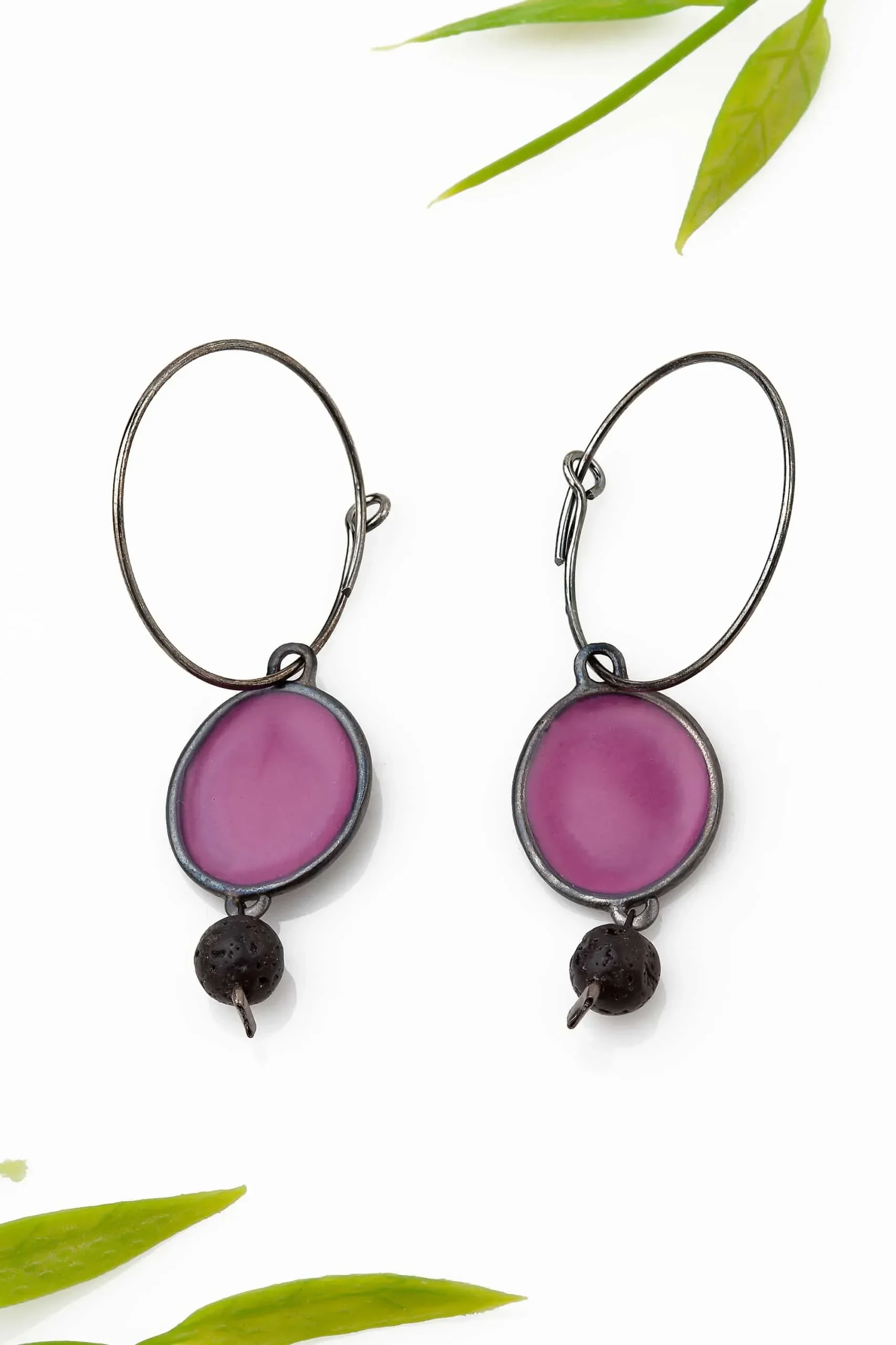 Handmade Jewellery | Black rhodium plated silver hoops with purple enamel gallery 1