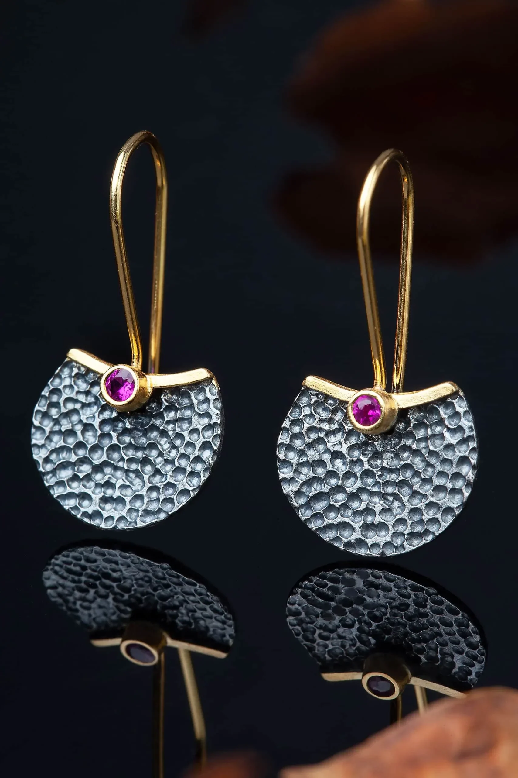 Handmade Jewellery | Silver gold and black plated earrings with zircon gallery 1