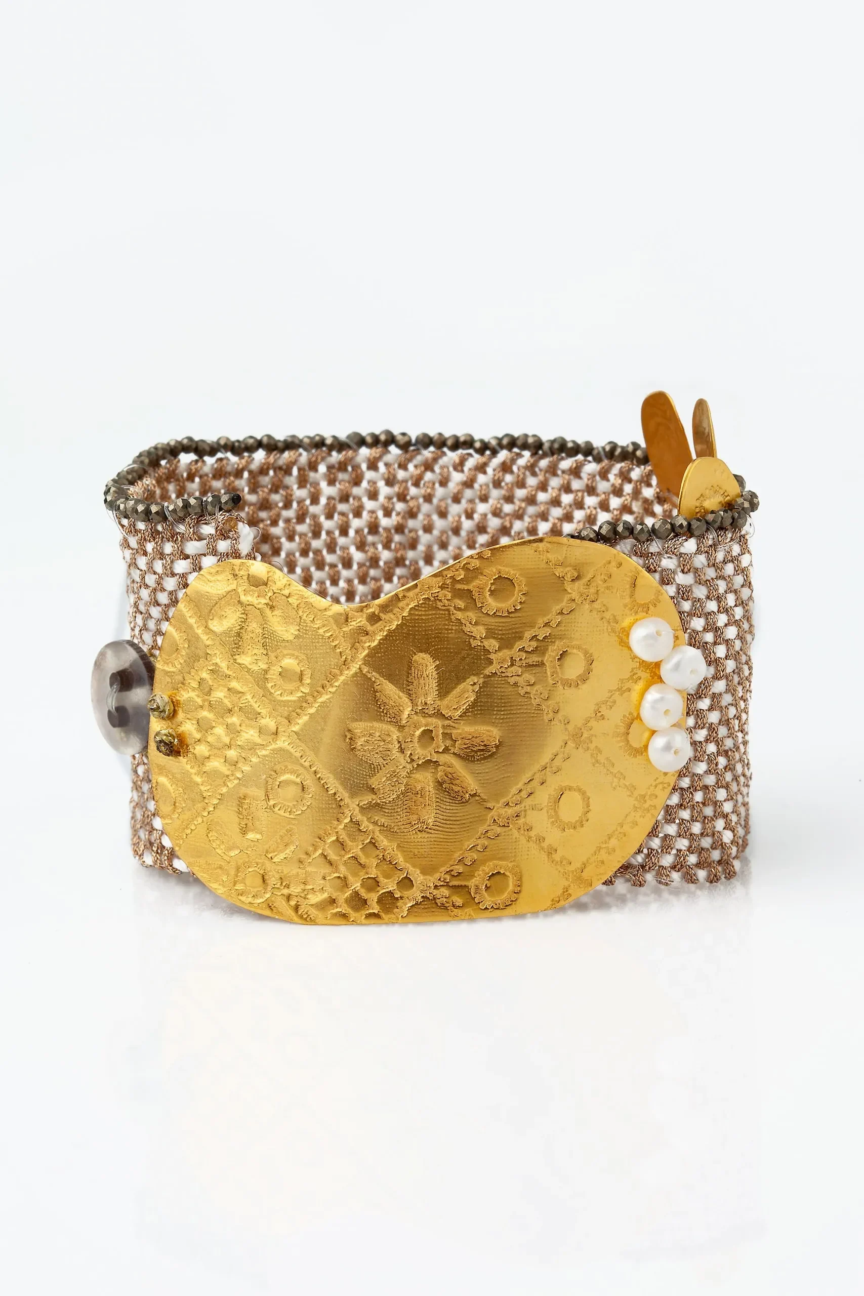 Handmade Jewellery | Woven bracelet with gold plated silver, pyrite and pearls gallery 2