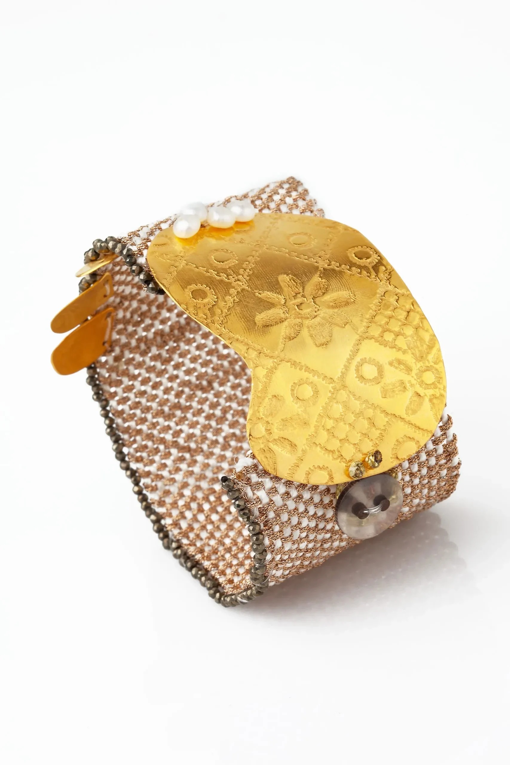 Woven bracelet with gold plated silver, pyrite and pearls