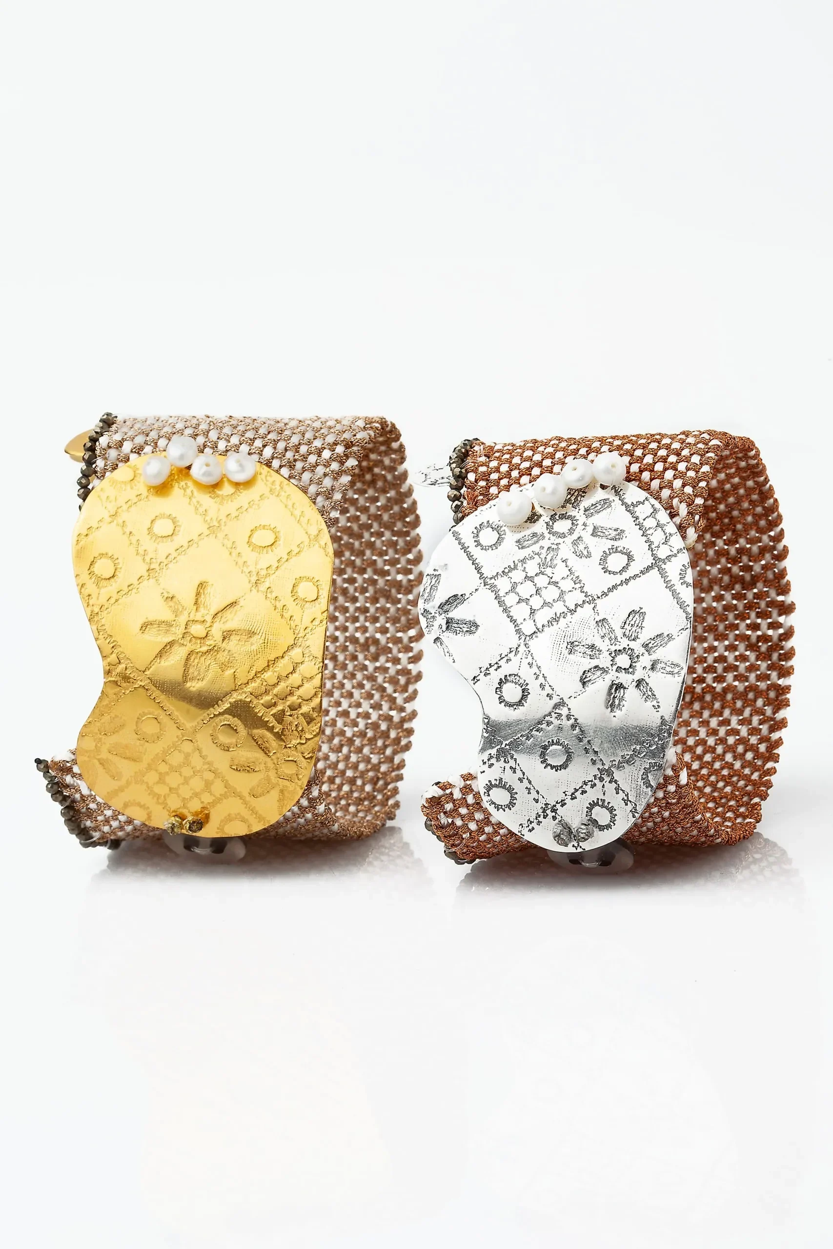 Handmade Jewellery | Woven bracelet with gold plated silver, pyrite and pearls gallery 3