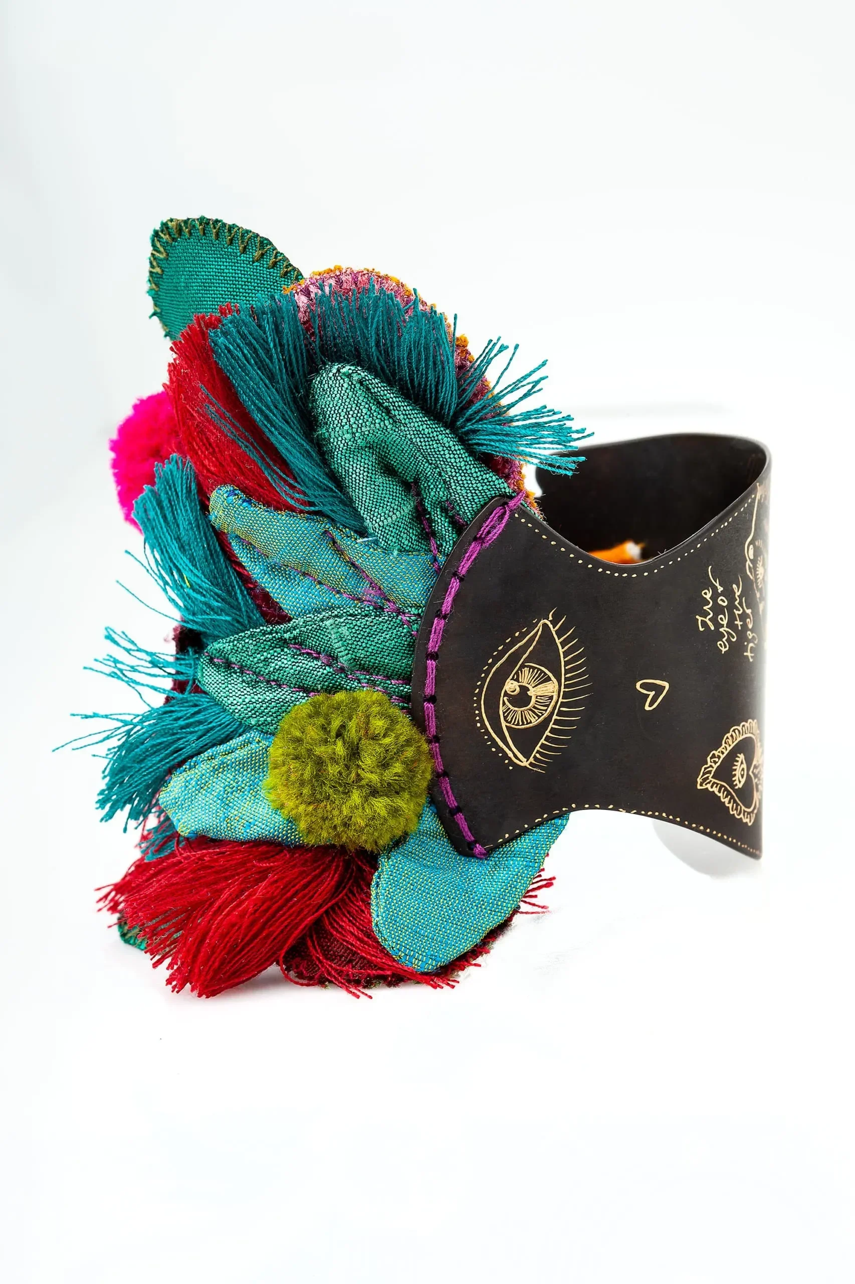 Handmade Jewellery | Hand engraved black rhodium plated bronze bracelet combined with fabrics and pompoms gallery 7