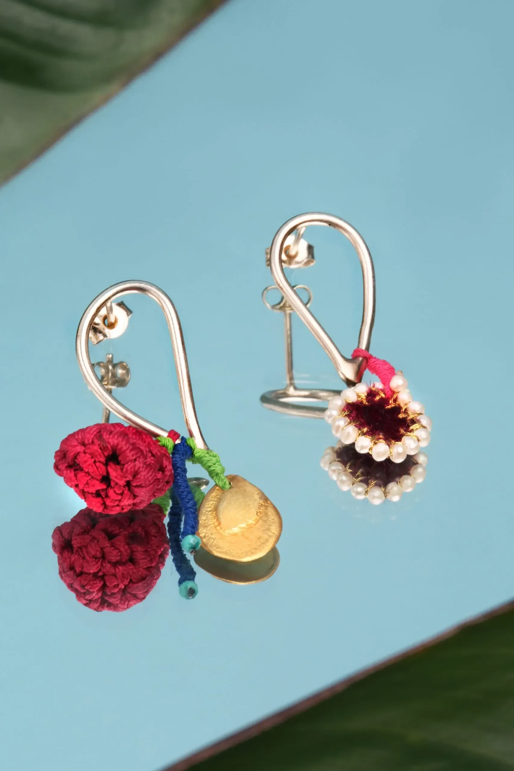 Handmade Jewellery | Silver earrings with fabrics and pearls gallery 1