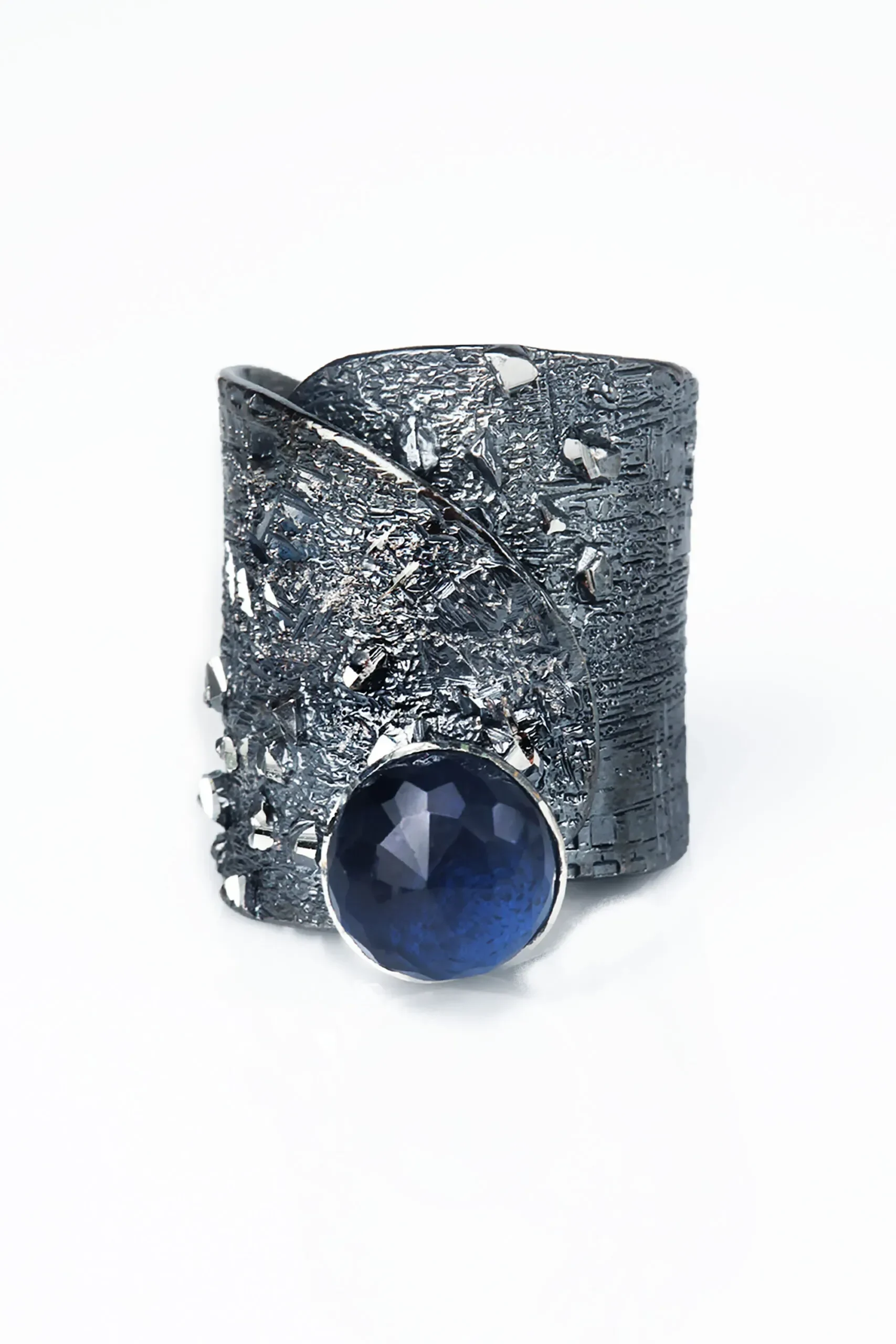 Handmade Jewellery | Black plated silver ring with blue crystal gallery 1