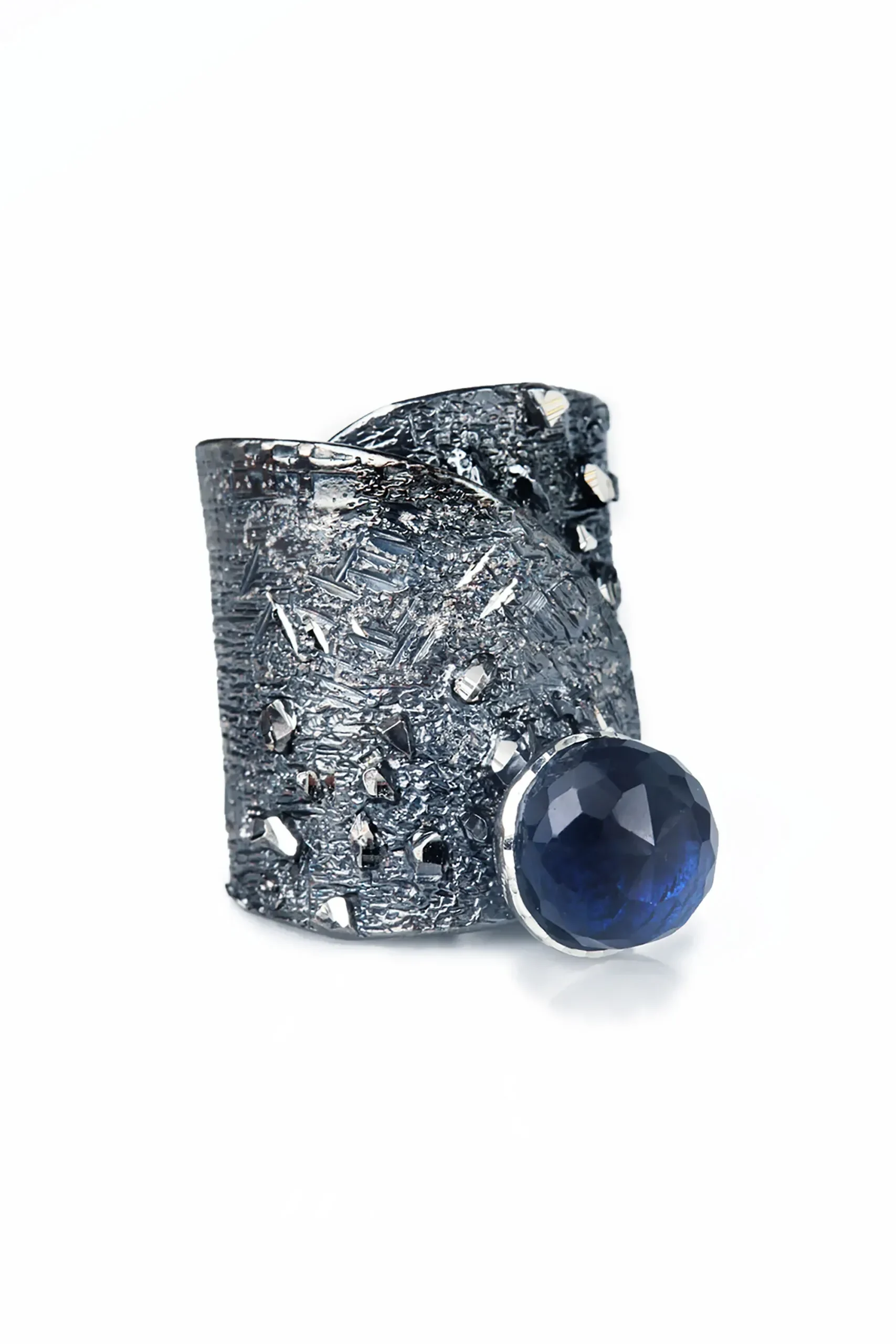 Handmade Jewellery | Black plated silver ring with blue crystal gallery 2