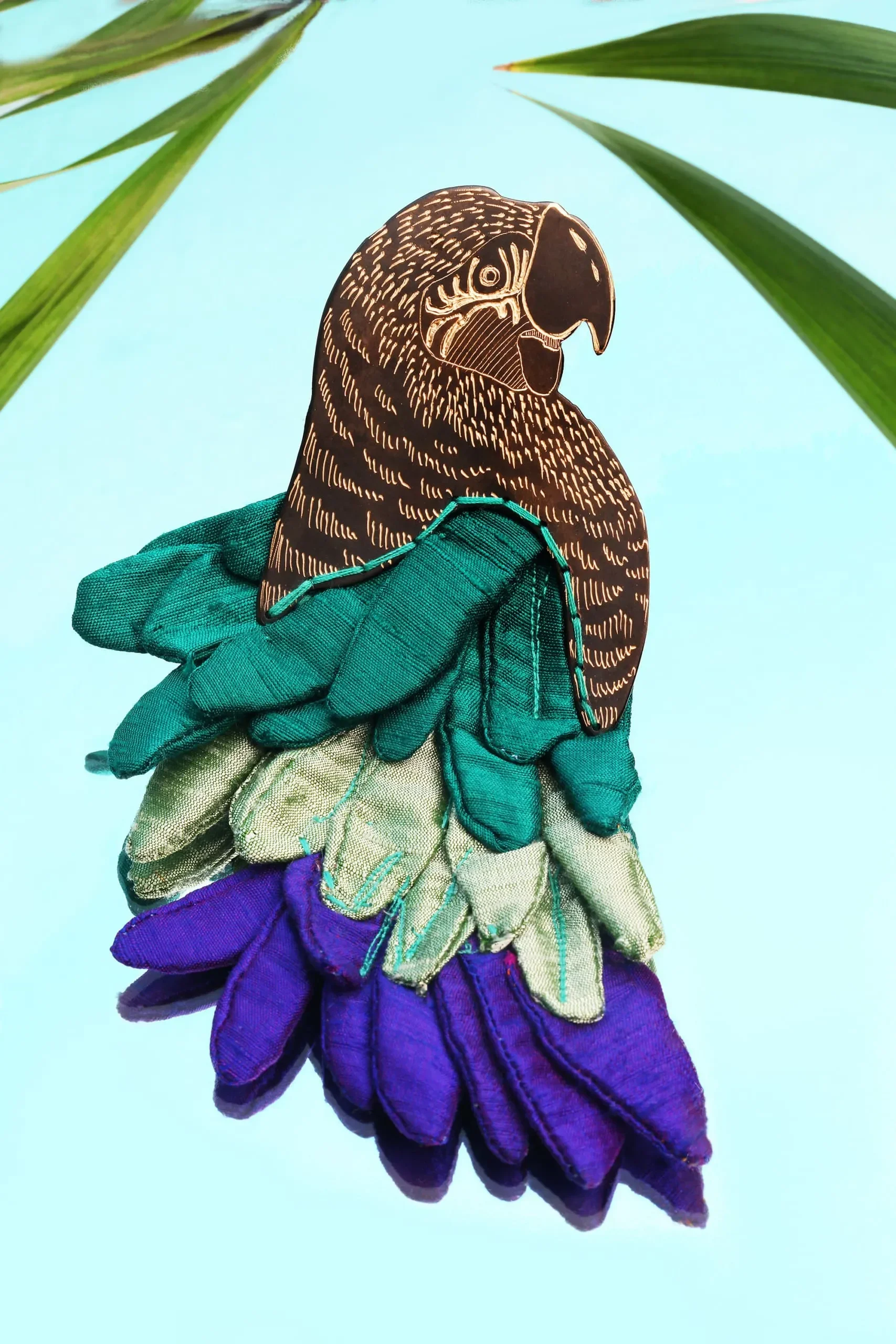 Handmade Jewellery | Parrot engraved bronze brooch with silk fabric gallery 1