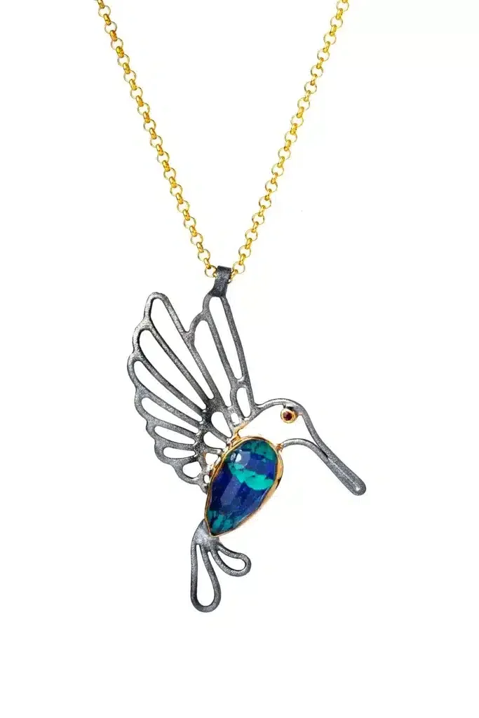 Handmade Jewellery | Hummingbird gold and black rhodium plated silver necklace main