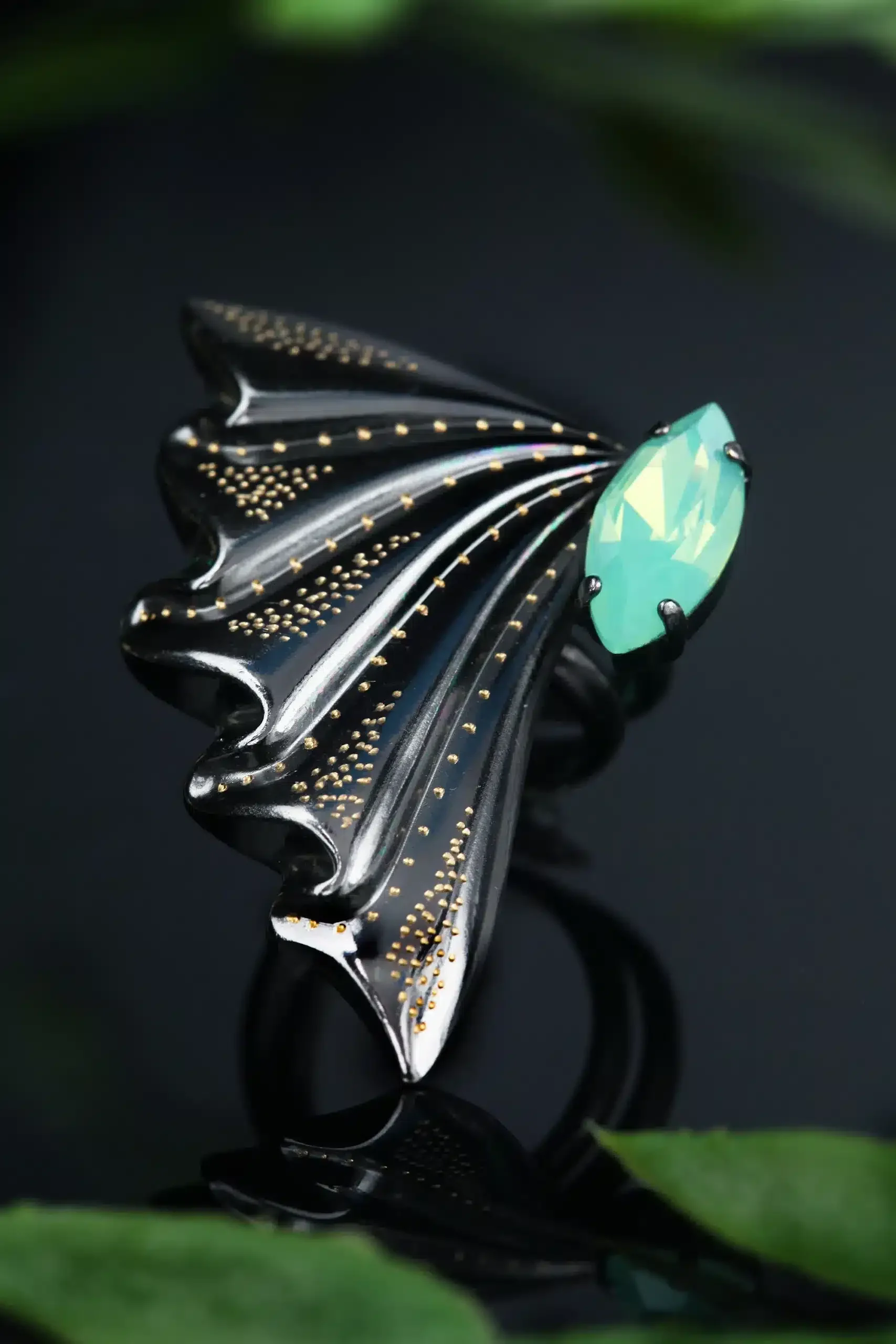 Handmade Jewellery | Engraved black adjustable bronze ring with green Swarovski crystal gallery 2