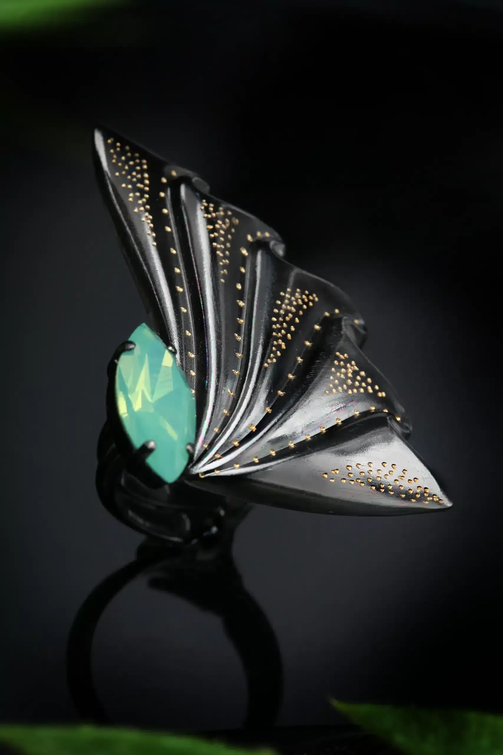 Handmade Jewellery | Engraved black adjustable bronze ring with green Swarovski crystal gallery 3