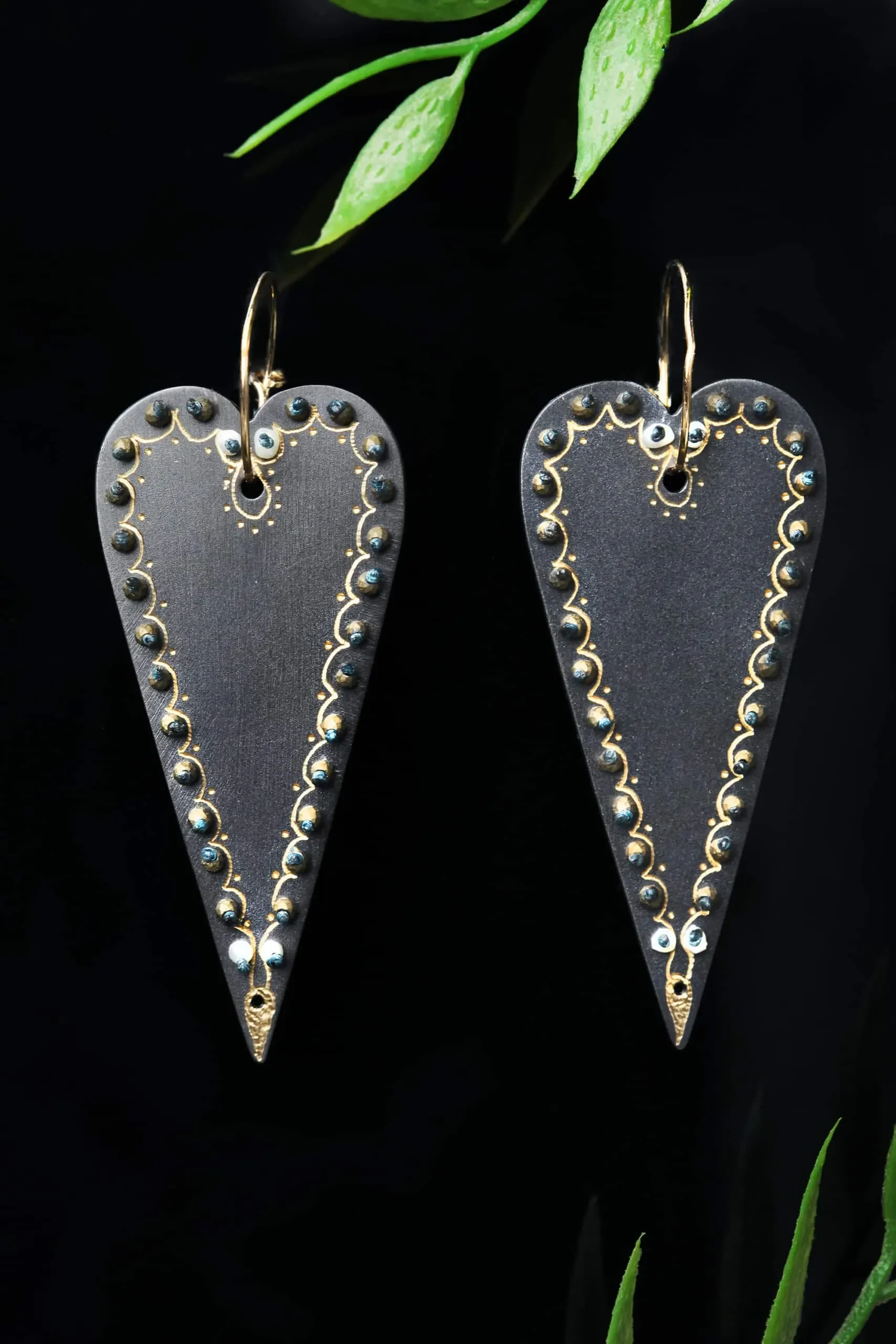 Handmade Jewellery | Engraved black bronze heart earrings gallery 1