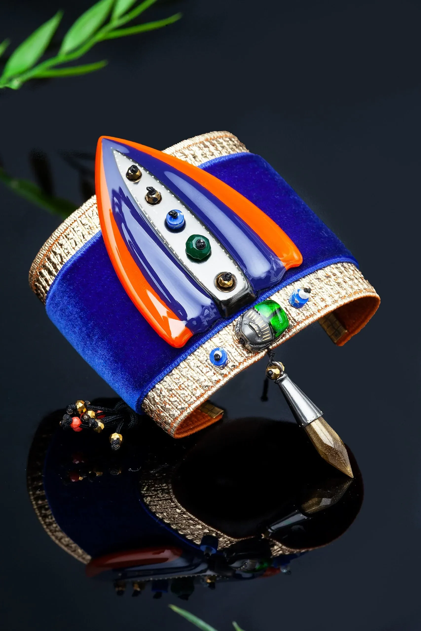 Handmade Jewellery | Bronze bracelet with enamel, combined with velvet and semi precious decorations gallery 1