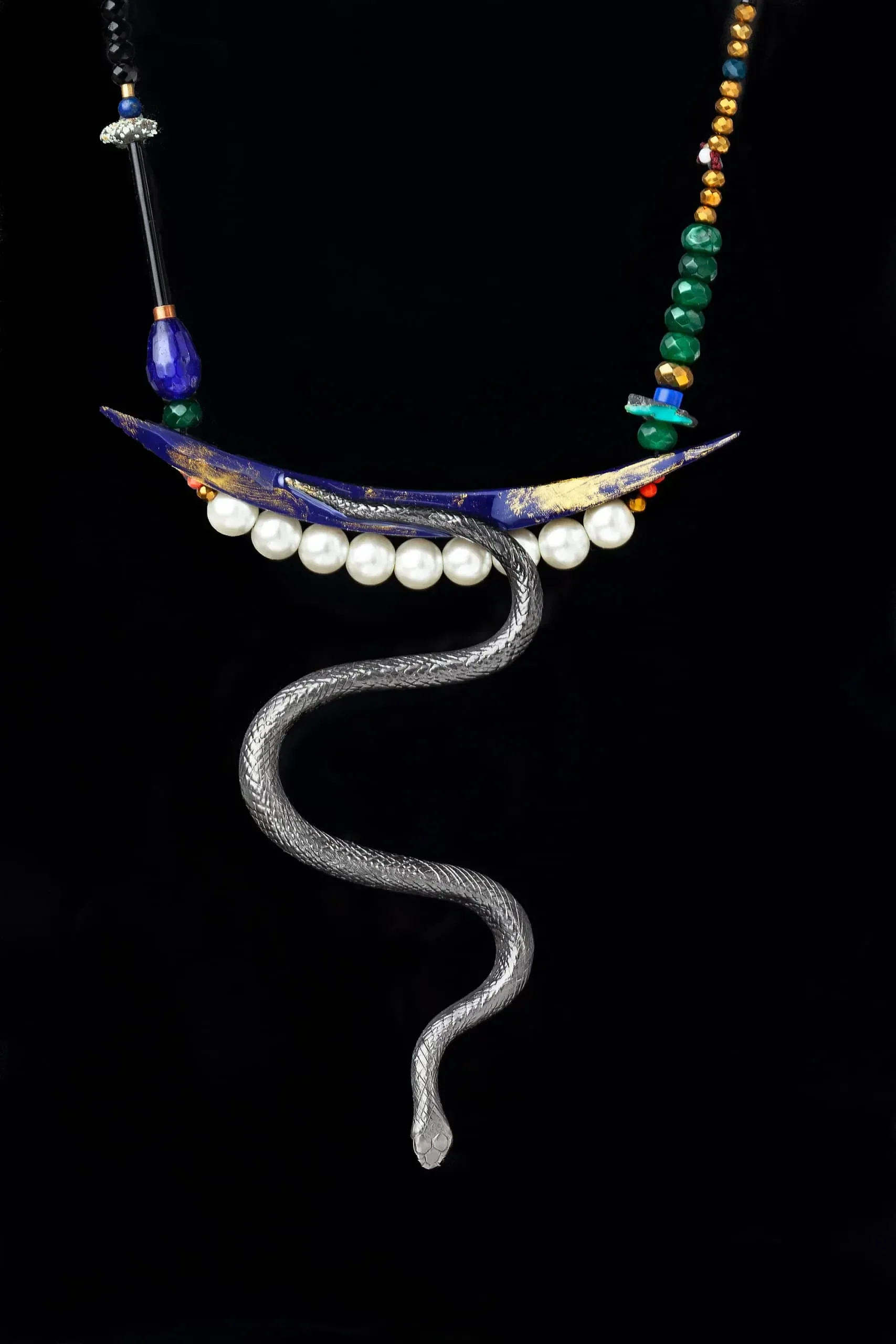 Handmade Jewellery | Snake black bronze necklace with enamel details gallery 1