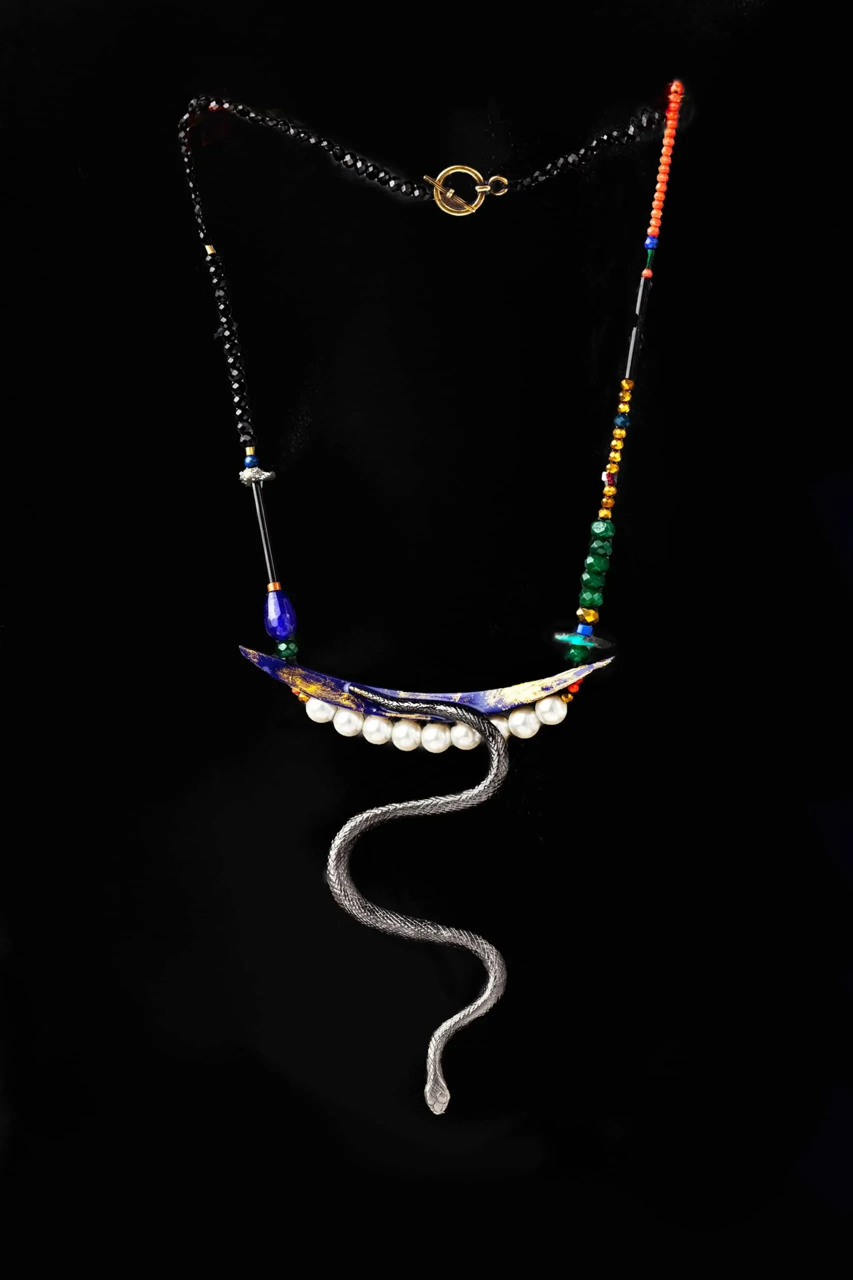 Handmade Jewellery | Snake black bronze necklace with enamel details gallery 2