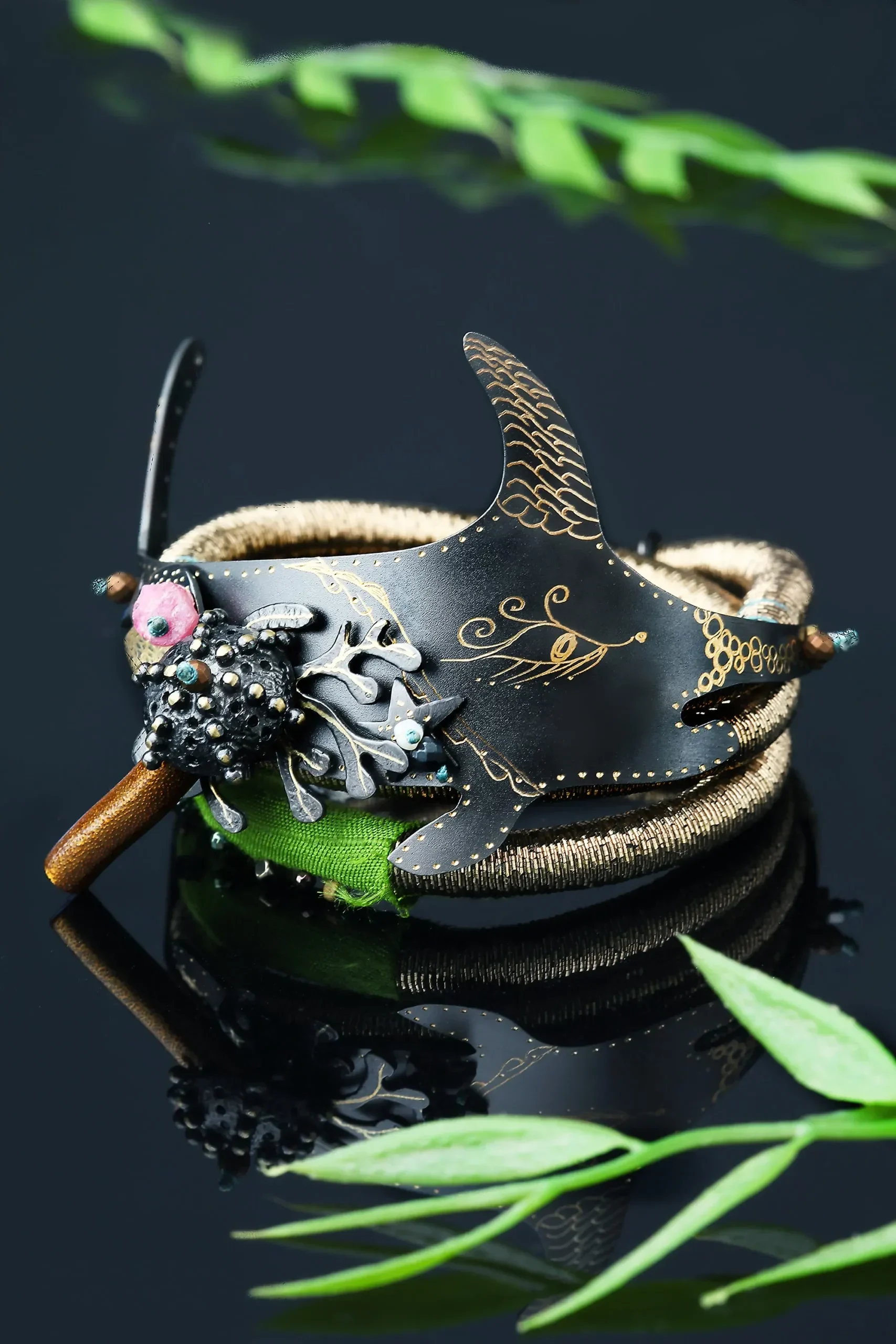 Handmade Jewellery | Swordfish engraved bronze bracelet with metallic cord gallery 1