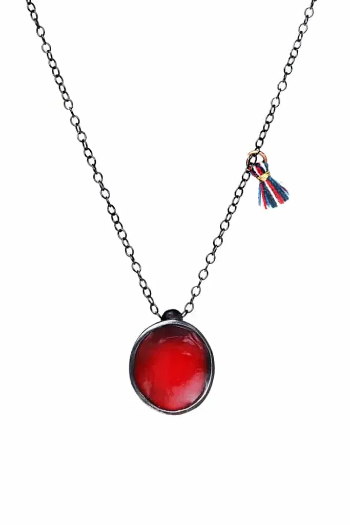 Handmade Jewellery | Black rhodium plated silver necklace with red enamel main