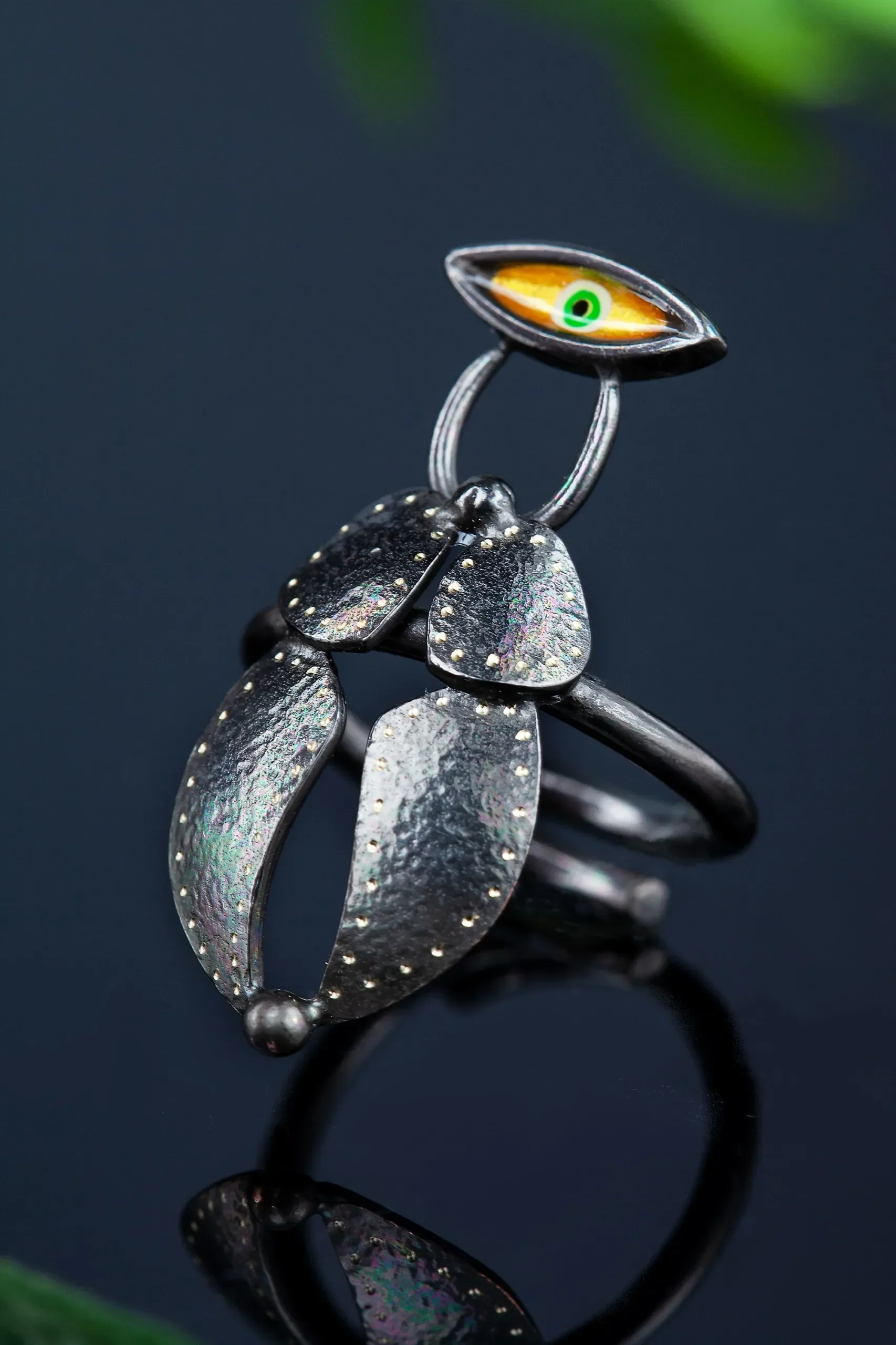 Handmade Jewellery | Beetle black engraved adjustable bronze ring with enamel detail gallery 2